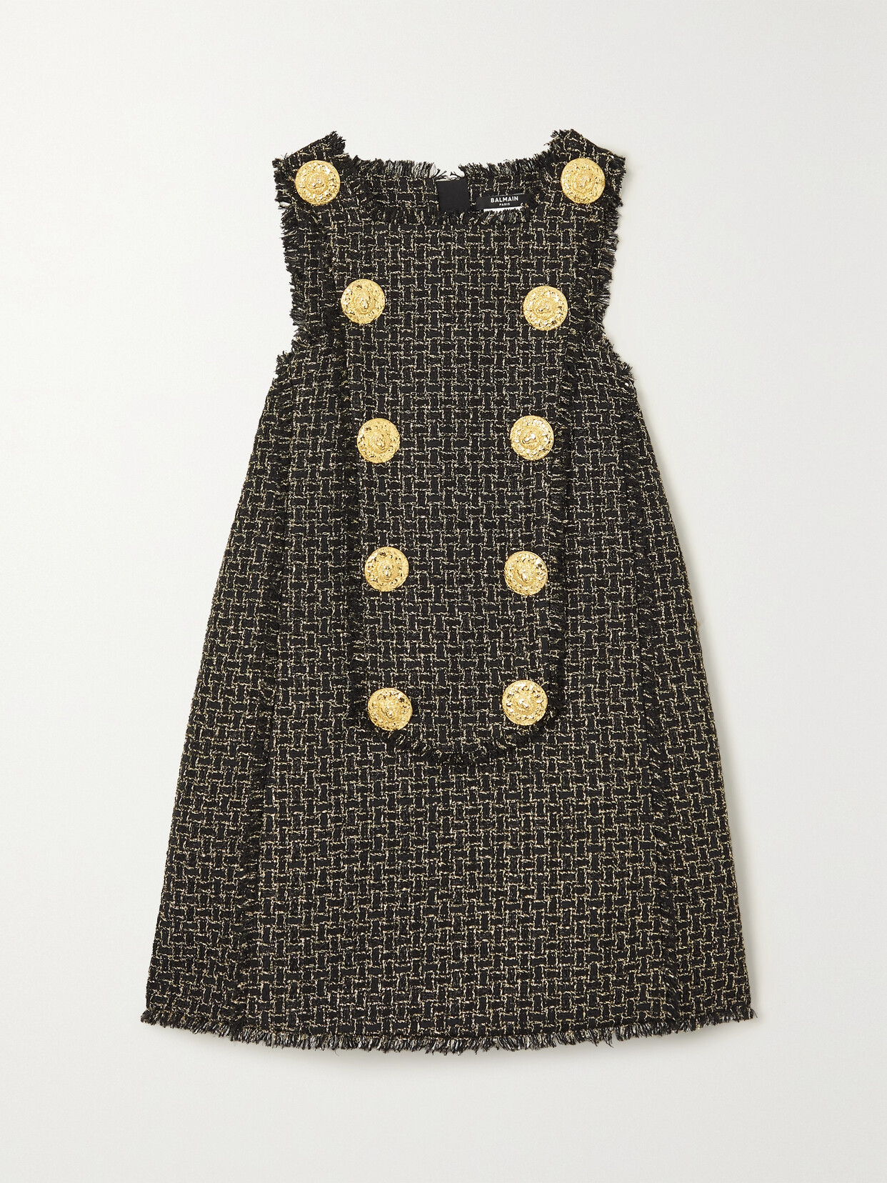 BALMAIN PLASTRON BUTTON-EMBELLISHED METALLIC TWEED MINI DRESS