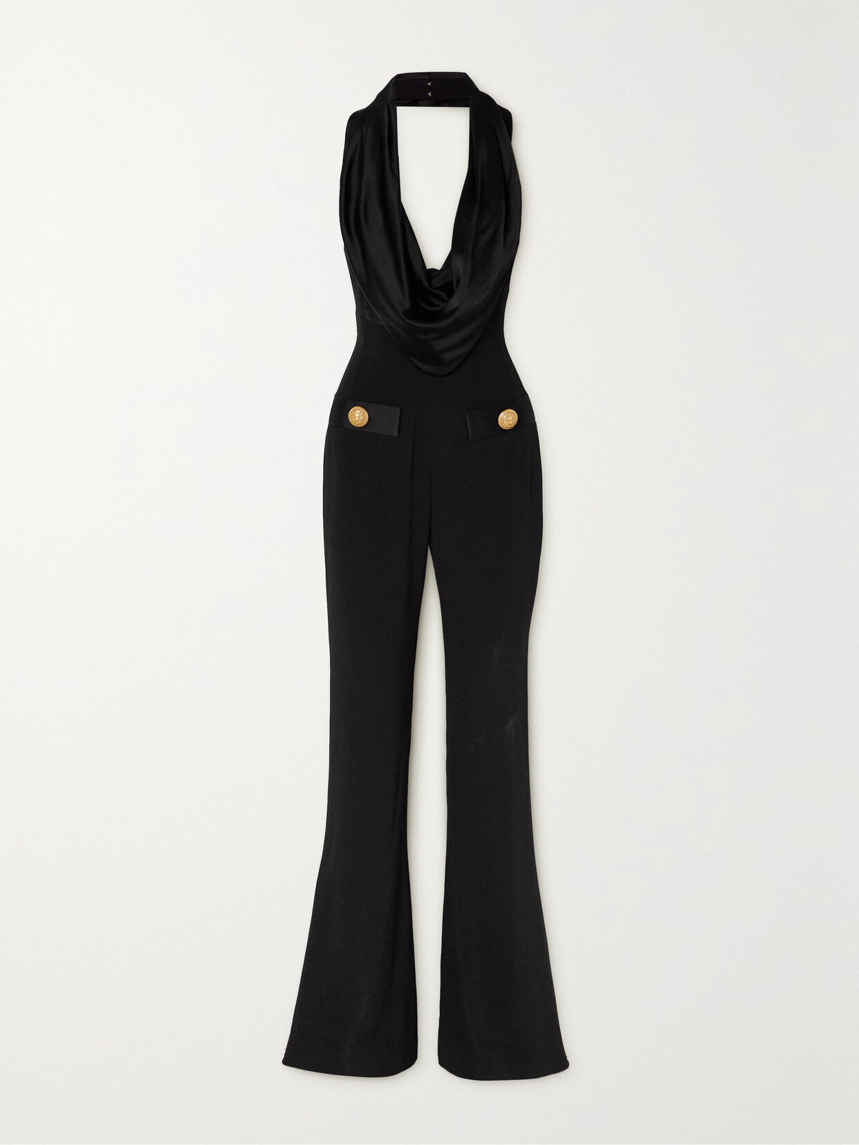 Balmain - Button-embellished Draped Satin And Crepe Jumpsuit - Black