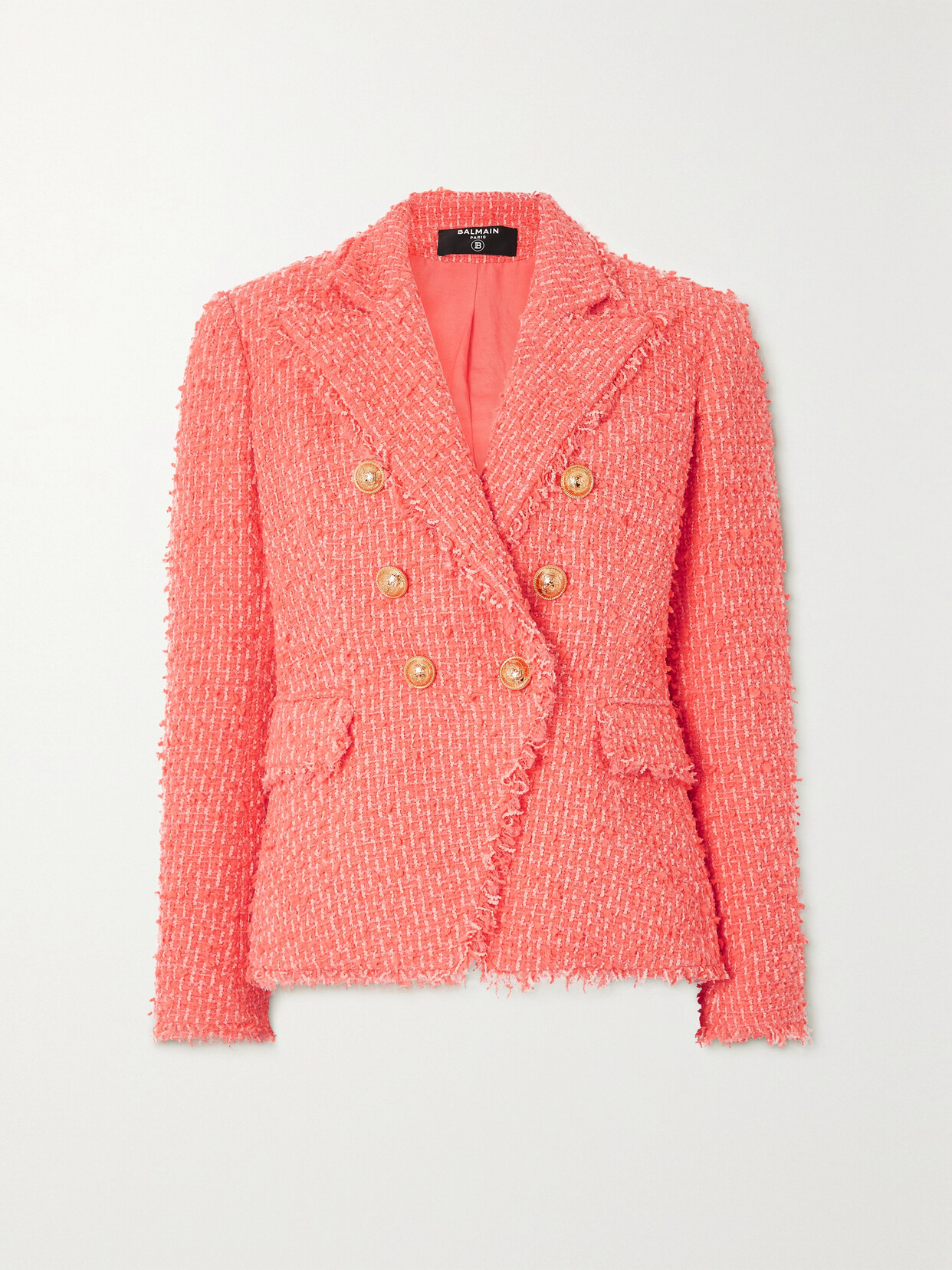Balmain - Button-embellished Double-breasted Bouclé Blazer - Orange
