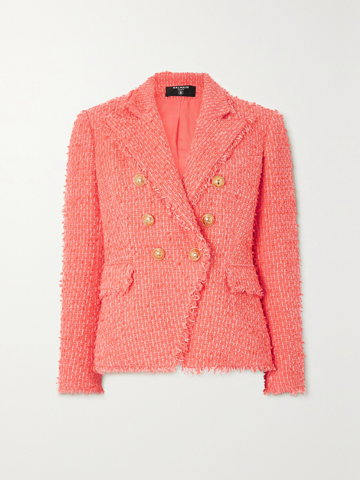 Balmain Button-embellished Double-breasted Bouclé Blazer In Orange