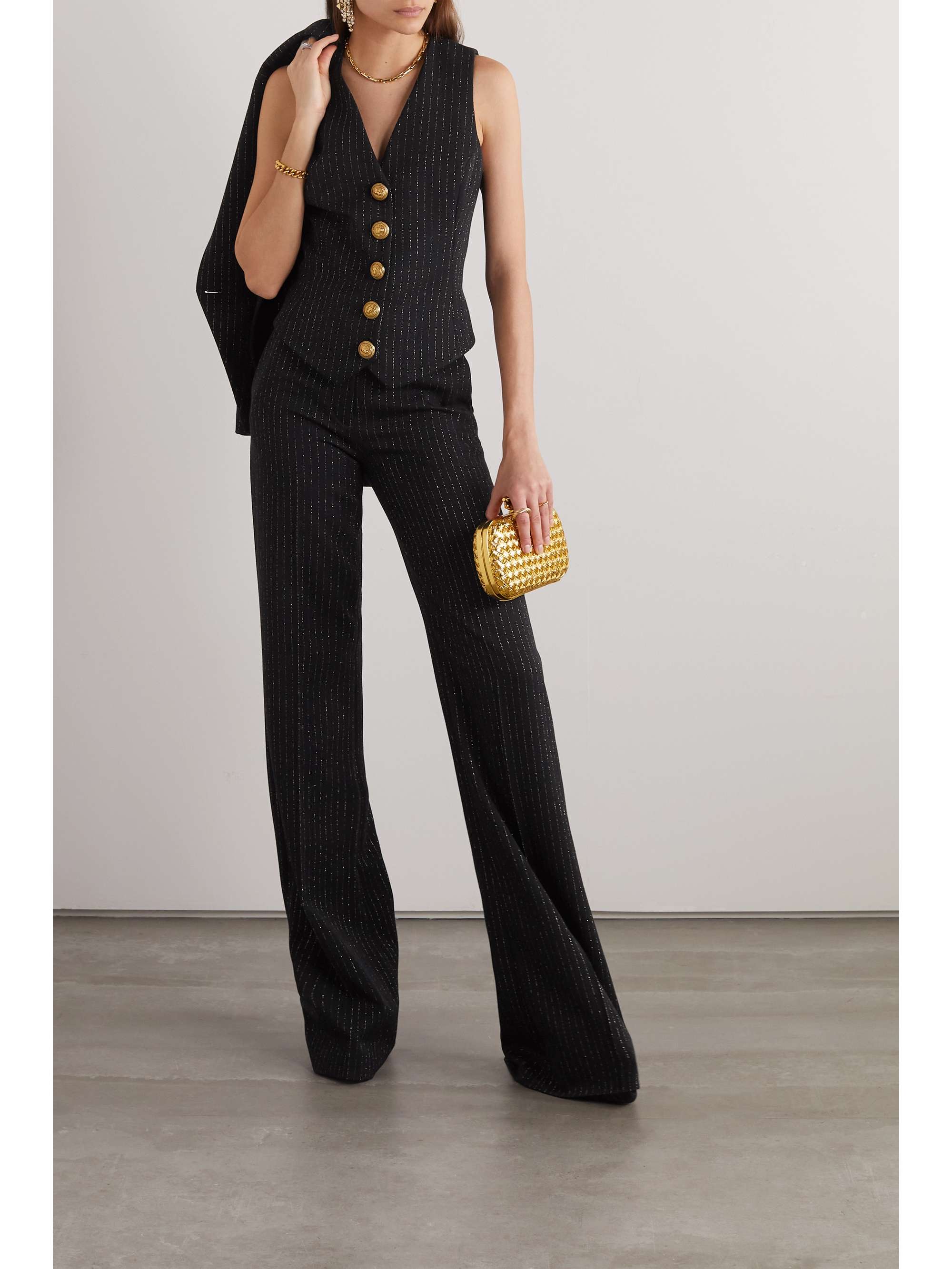 Pinstriped metallic wool-blend gabardine vest