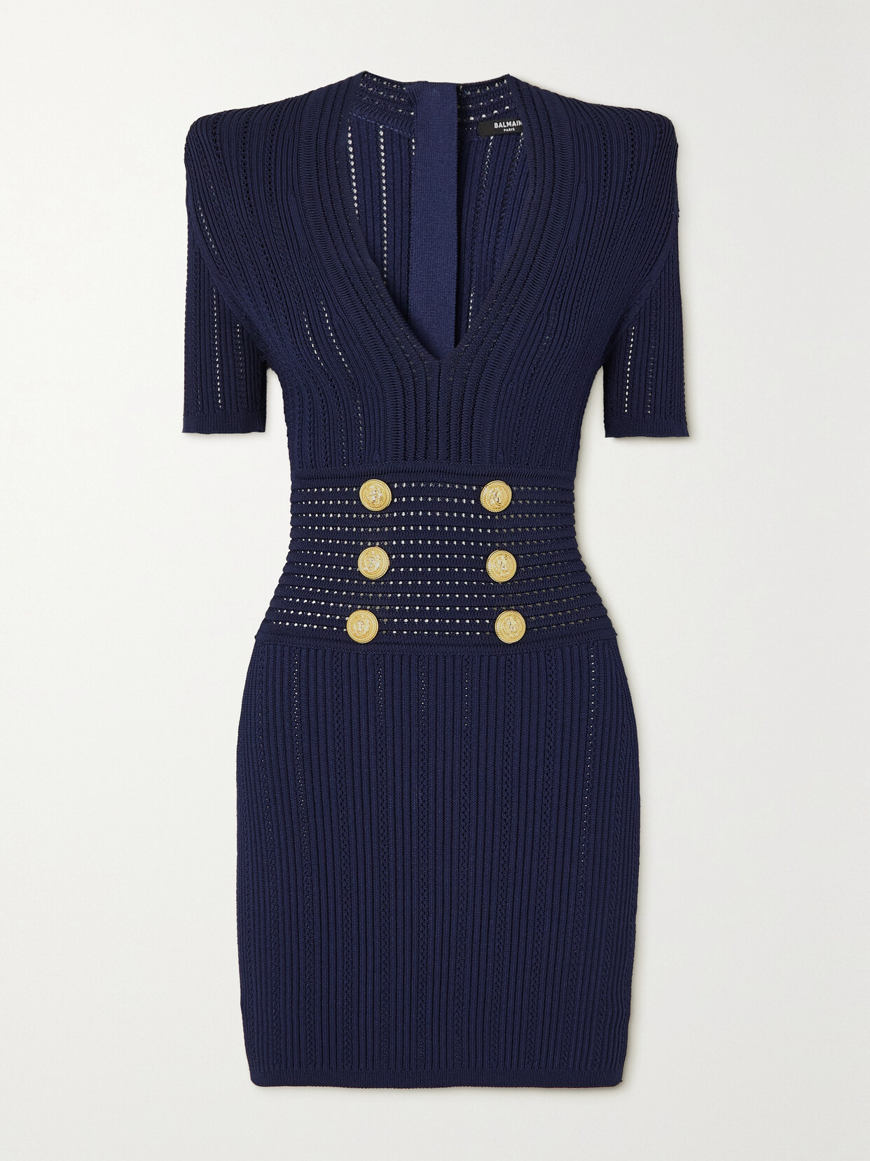 BALMAIN BUTTON-EMBELLISHED RIBBED-KNIT MINI DRESS