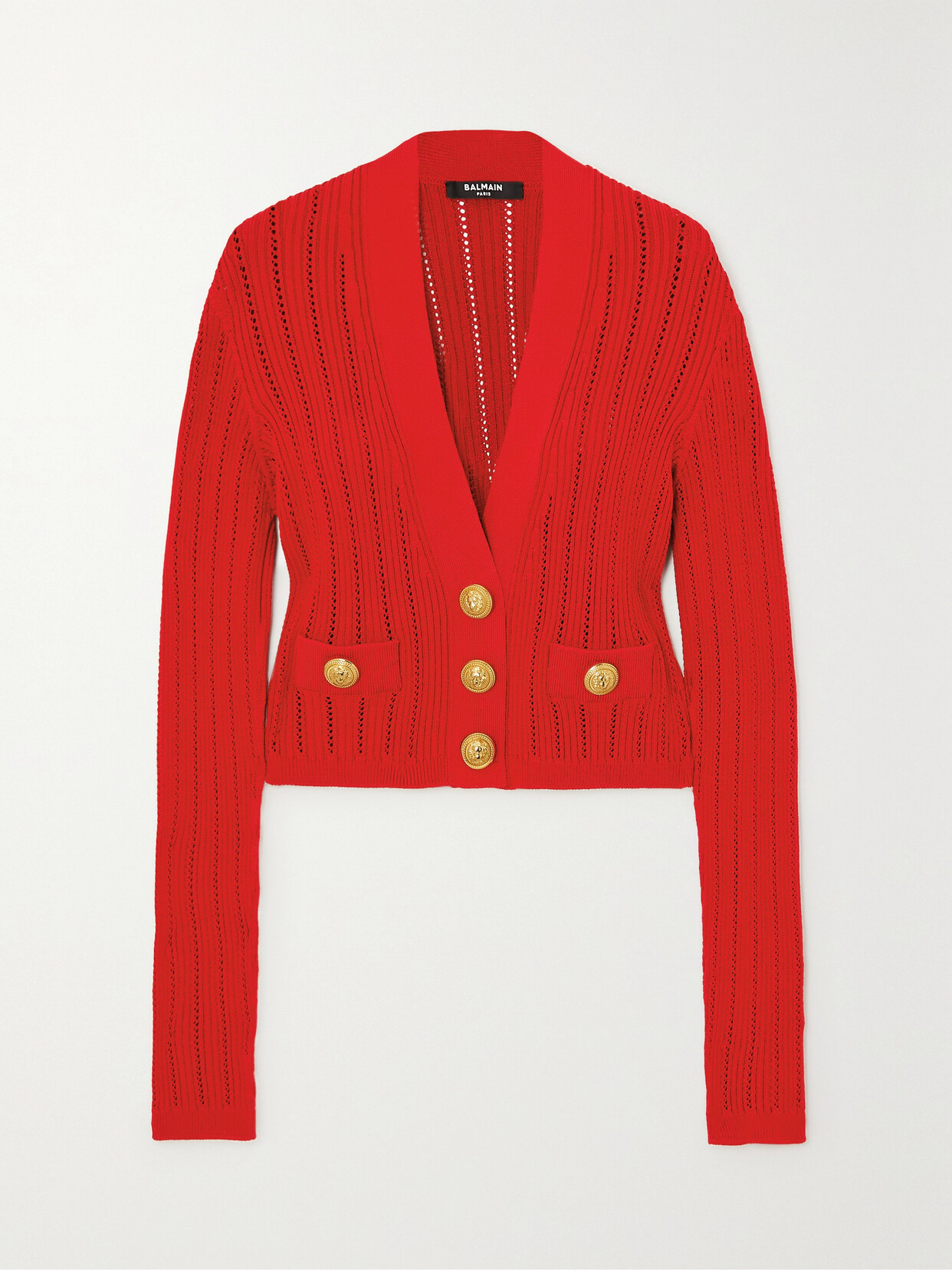 Balmain - Cropped Button-embellished Ribbed Pointelle-knit Cardigan - Red