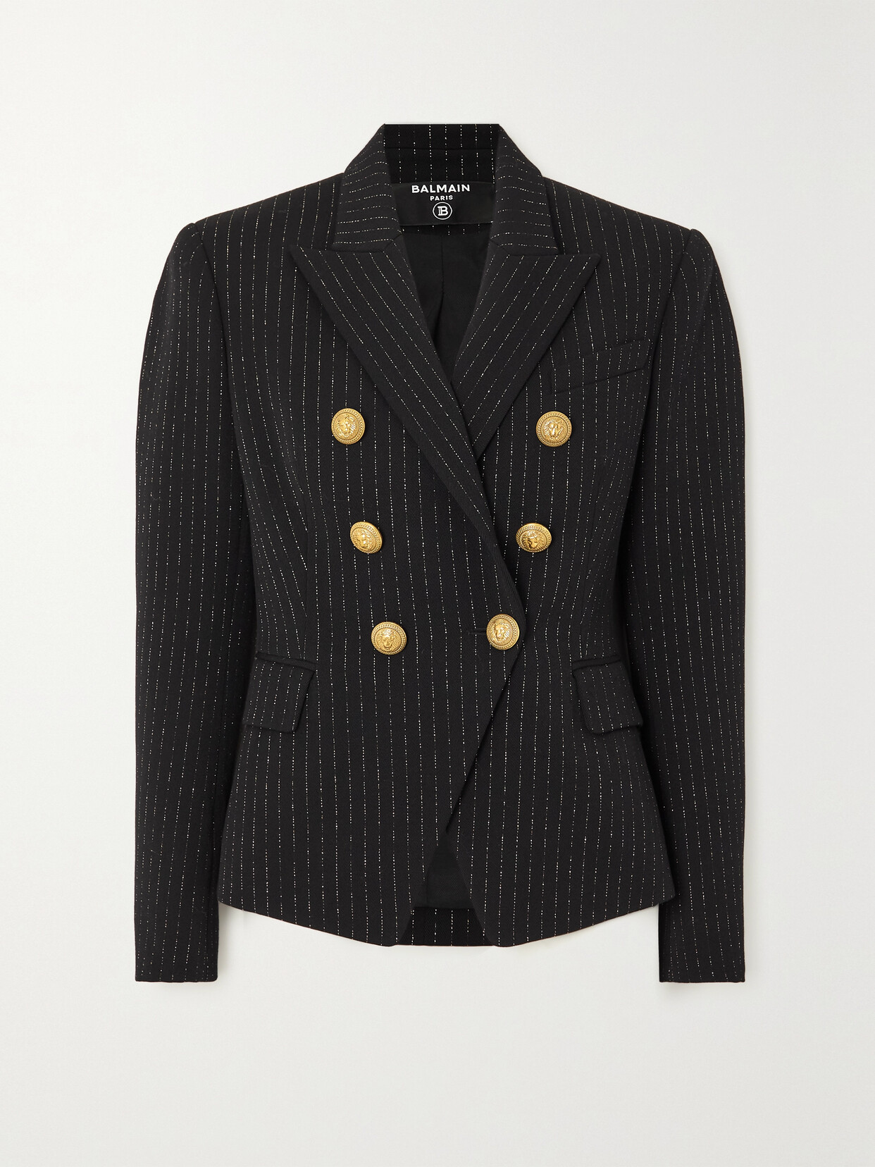 Balmain - Button-embellished Pinstriped Metallic Wool-blend Twill Blazer - Black