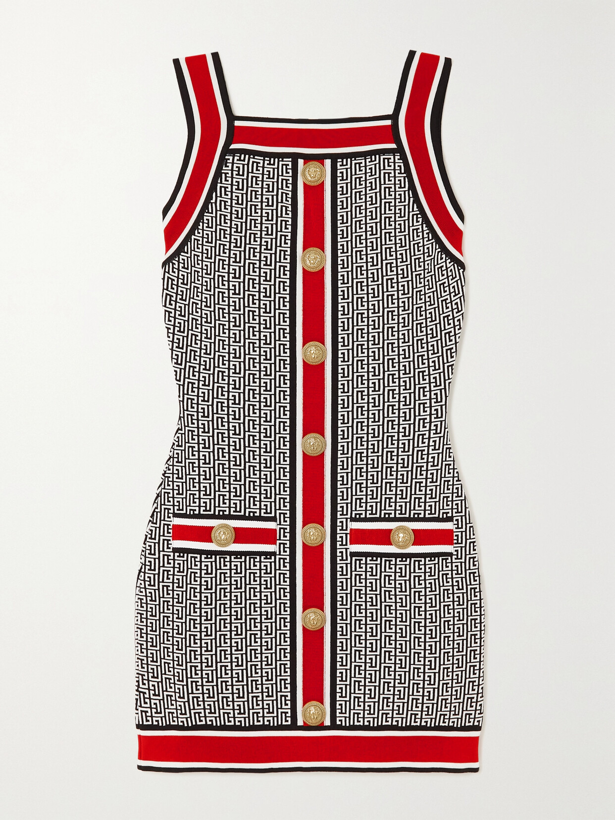 Shop Balmain Button-embellished Jacquard-knit Mini Dress In White