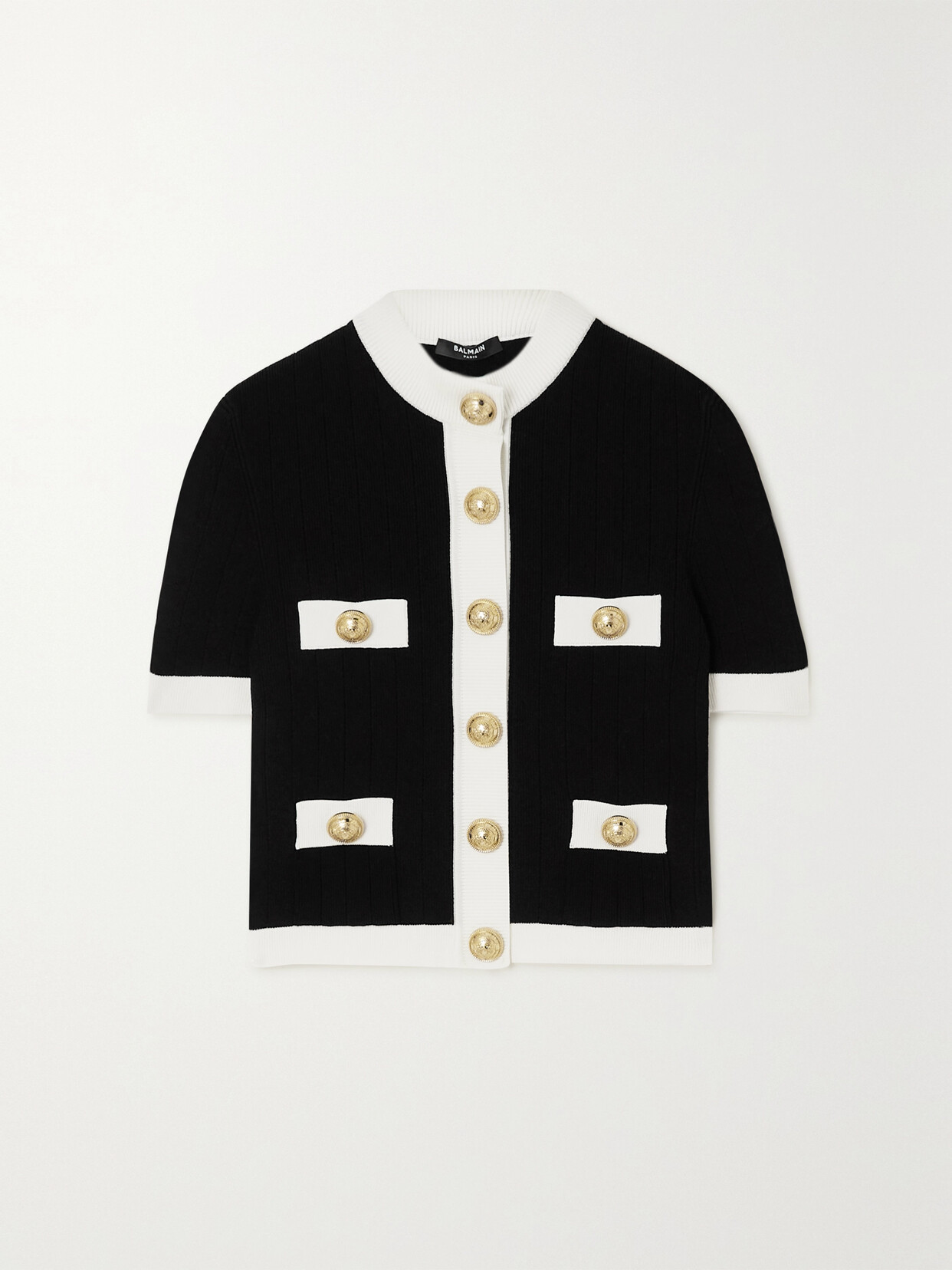 Balmain - Button-embellished Two-tone Ribbed-knit Cardigan - Black