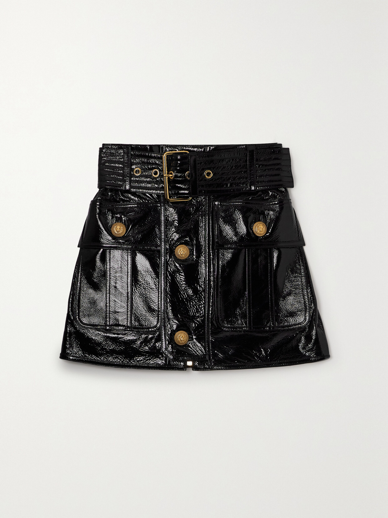 Balmain - Belted Crinkled Patent-leather Mini Skirt - Black