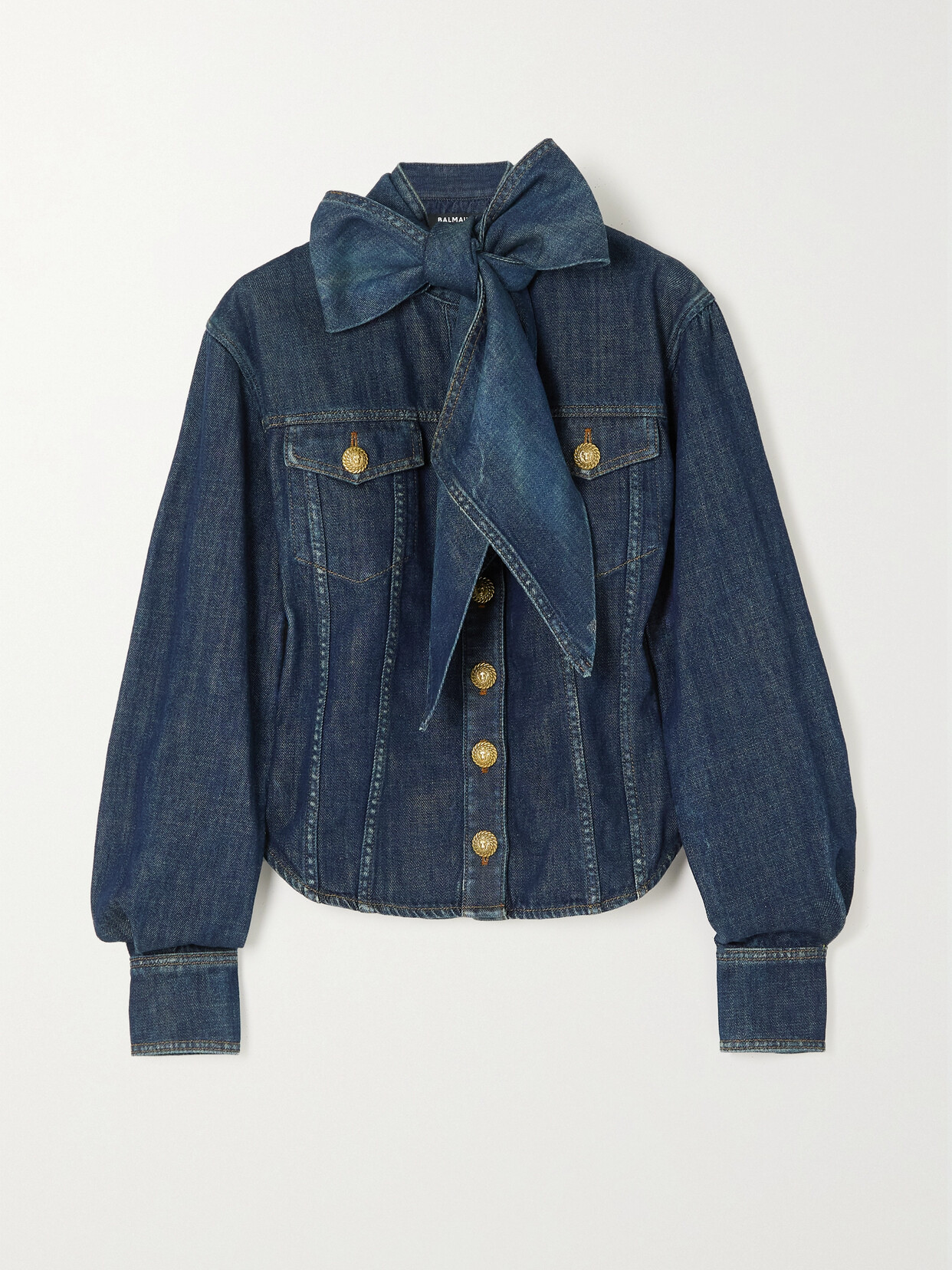 Balmain - Pussy-bow Stretch-denim Shirt - Blue