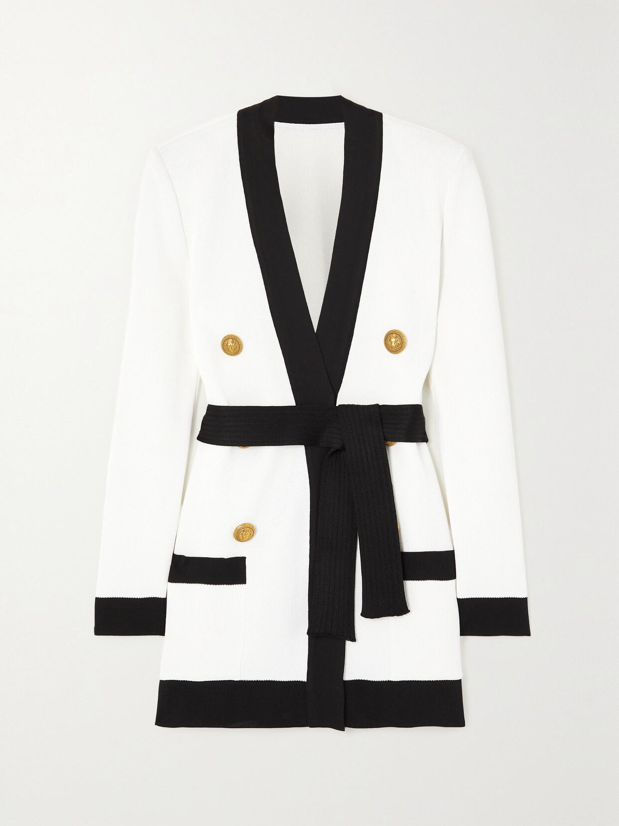 BALMAIN BELTED TWO-TONE KNITTED CARDIGAN