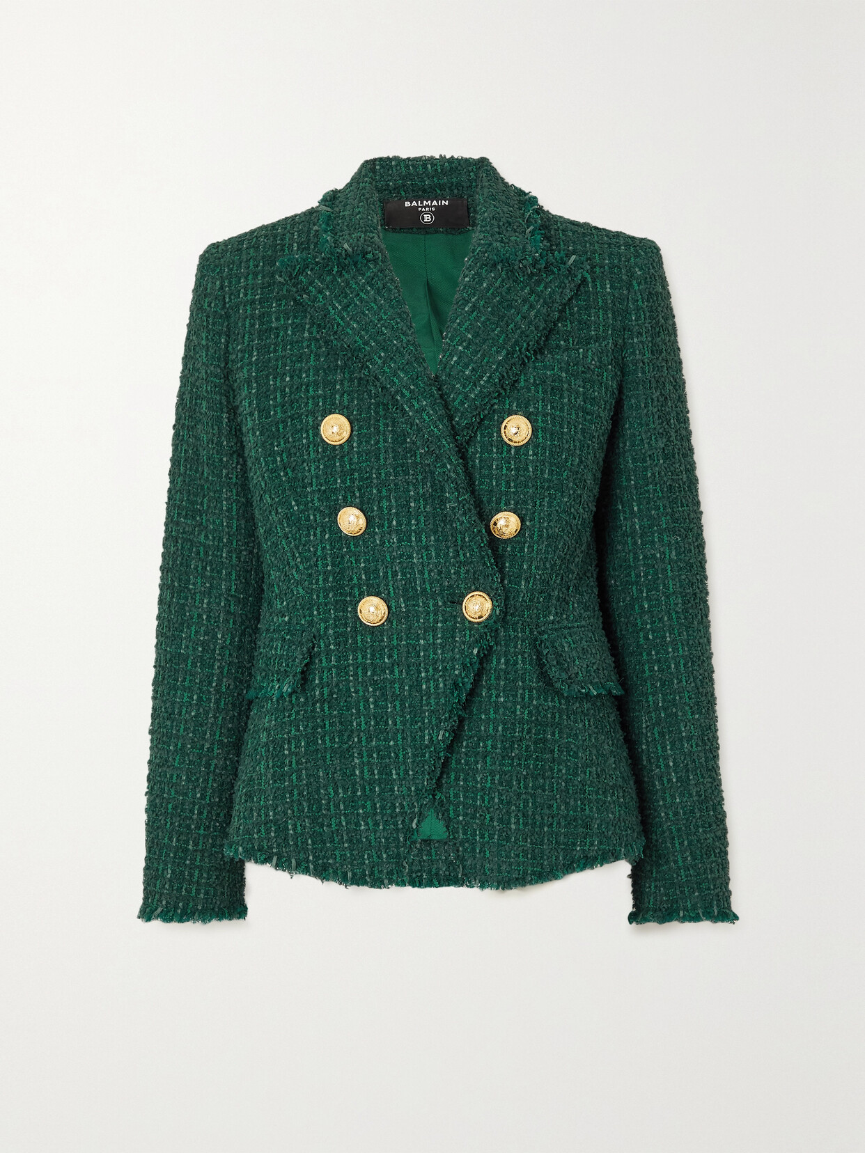 Balmain - Button-embellished Double-breasted Bouclé Blazer - Green