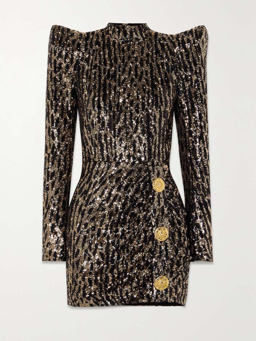 Balmain Button-embellished Sequined Crepe Mini Dress
