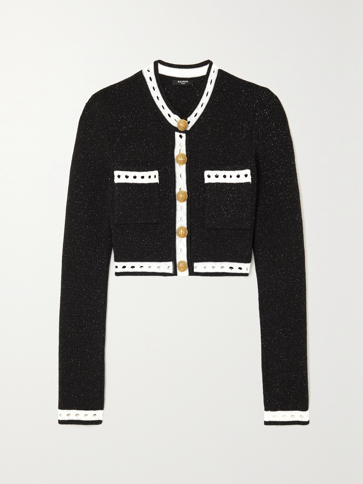 BALMAIN CROPPED METALLIC KNITTED CARDIGAN