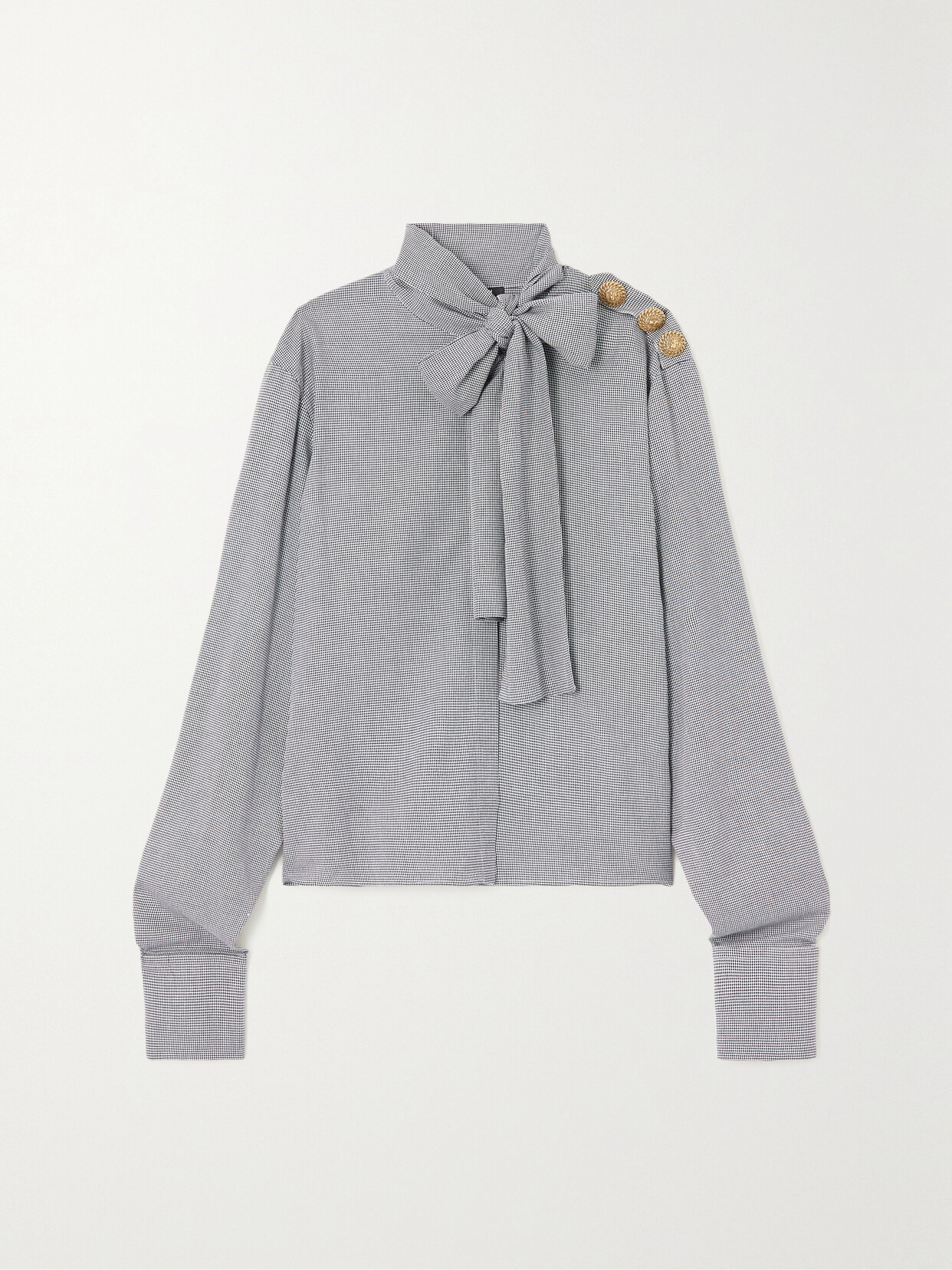 Balmain - Button-embellished Pussy-bow Houndstooth Jacquard Blouse - White