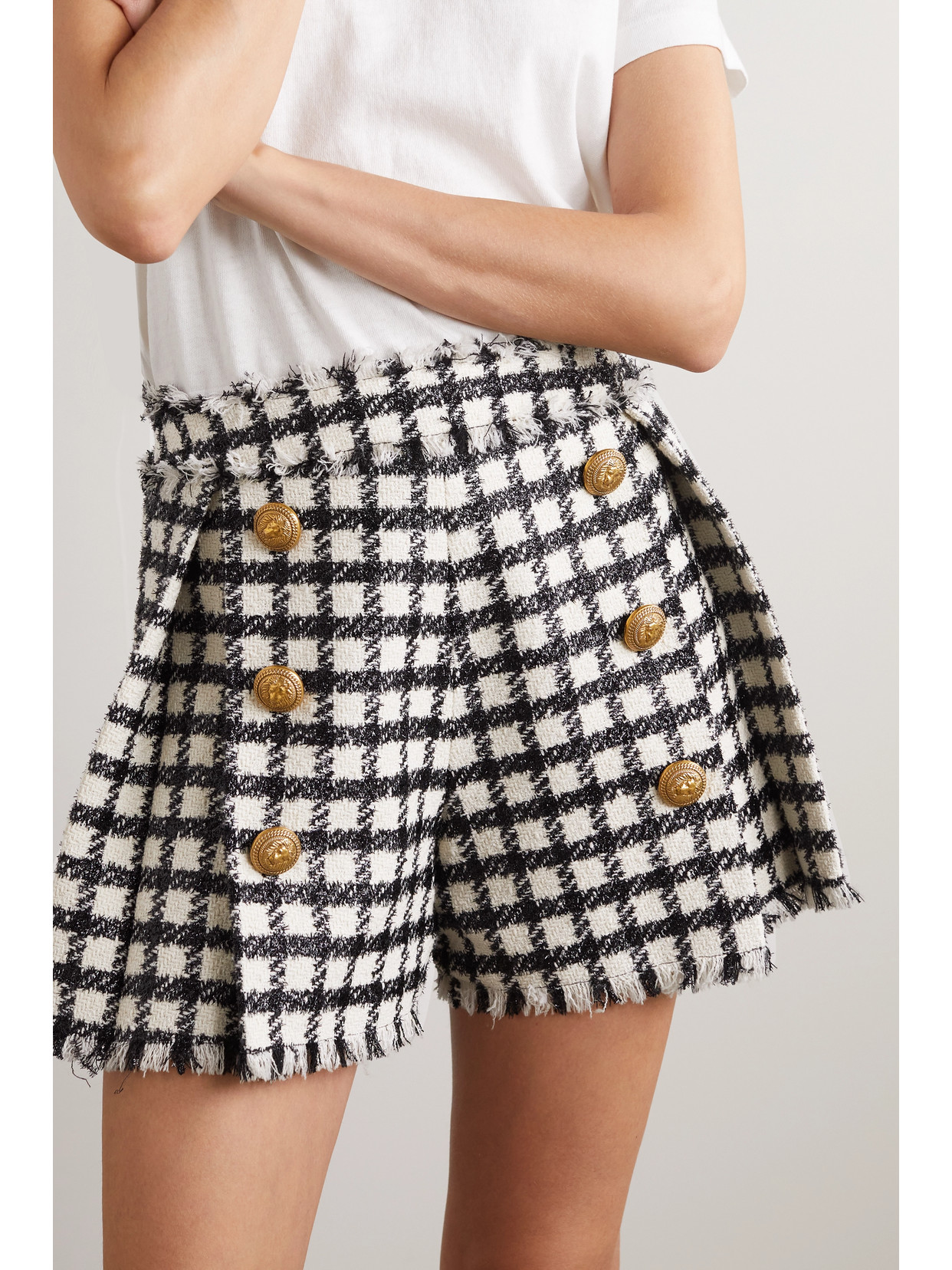 Balmain Checked Pleated Wool-blend Tweed Shorts In Black