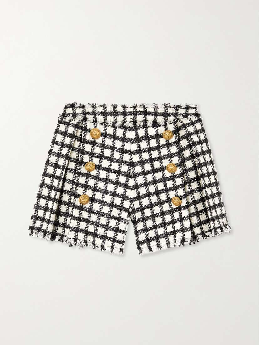Balmain Checked Pleated Wool-blend Tweed Shorts