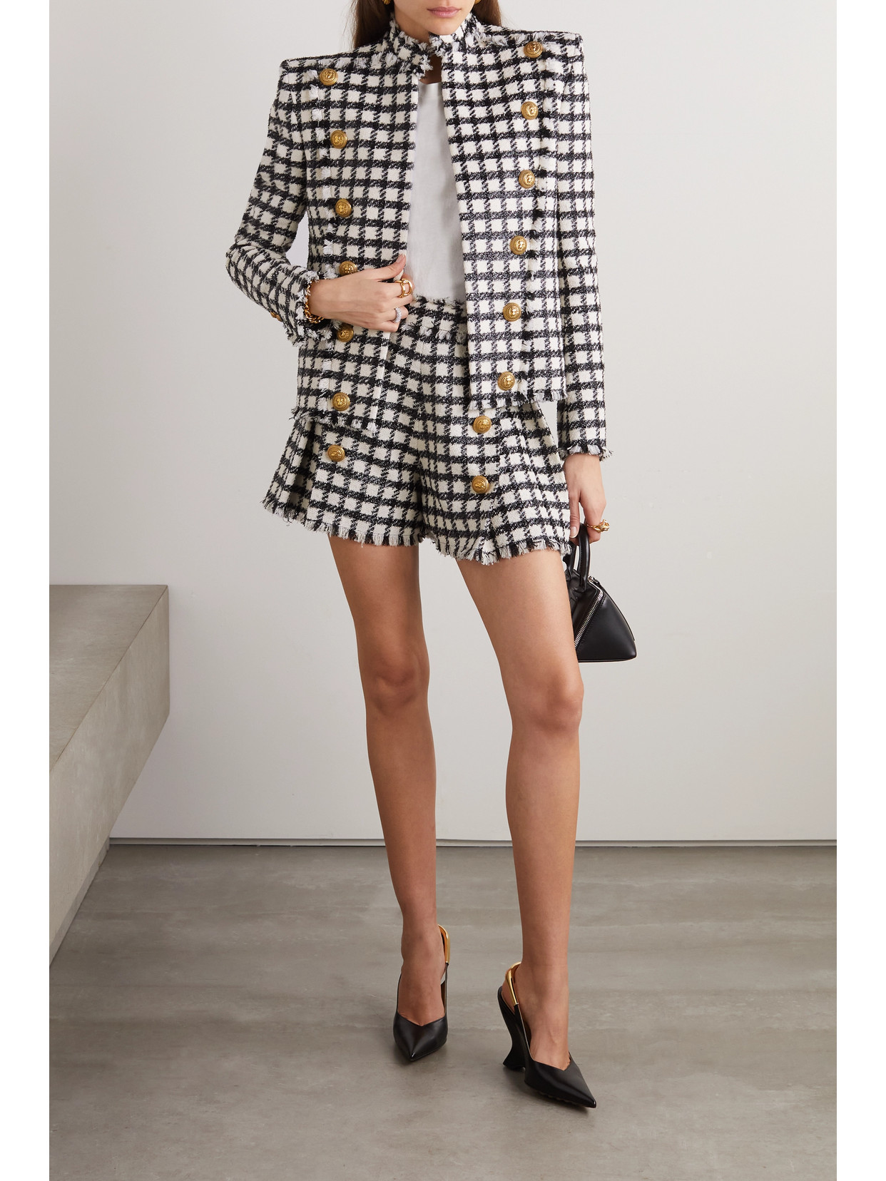 Balmain Checked Pleated Wool-blend Tweed Shorts In Black