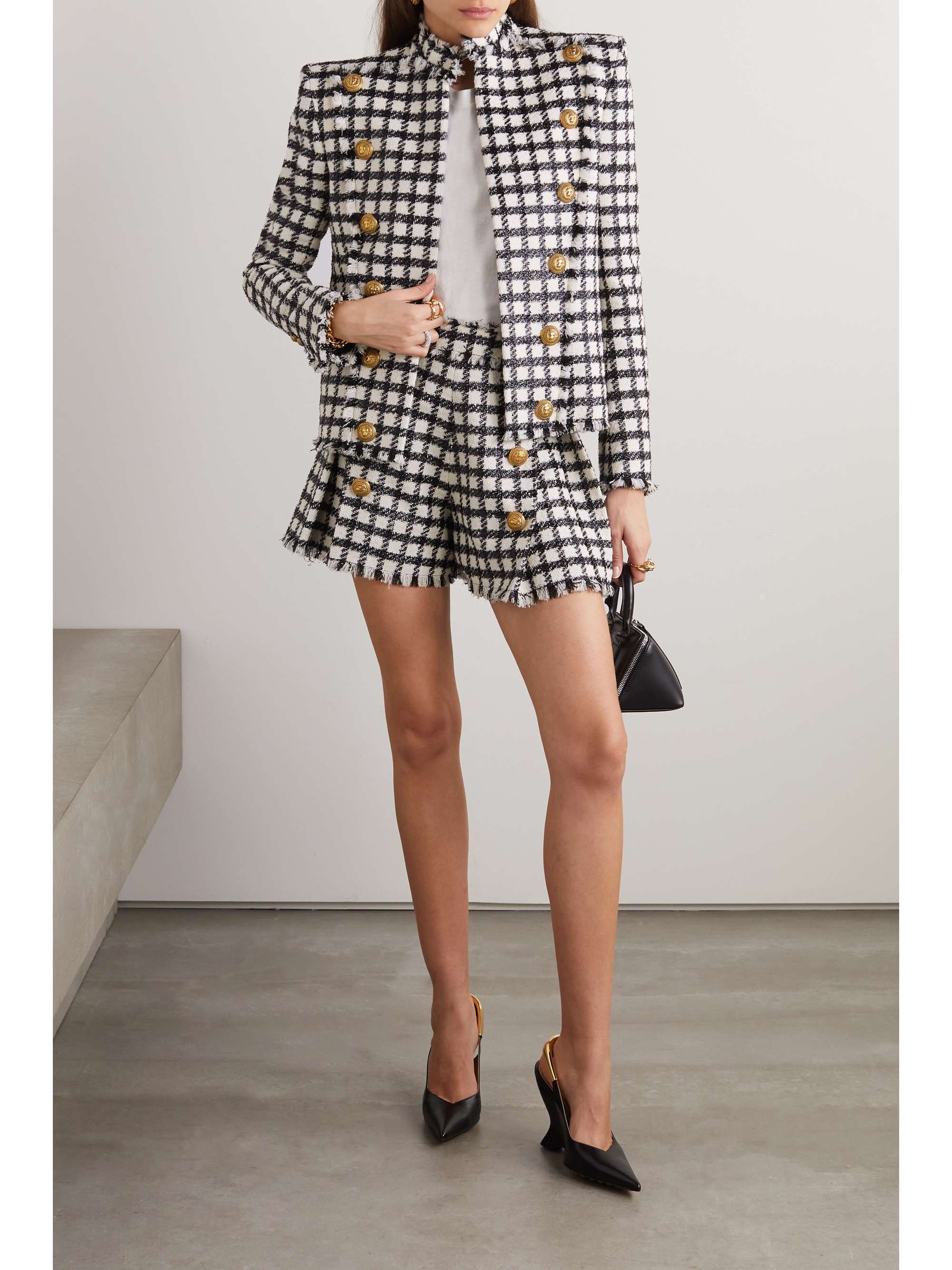 BALMAIN Checked pleated wool-blend tweed shorts