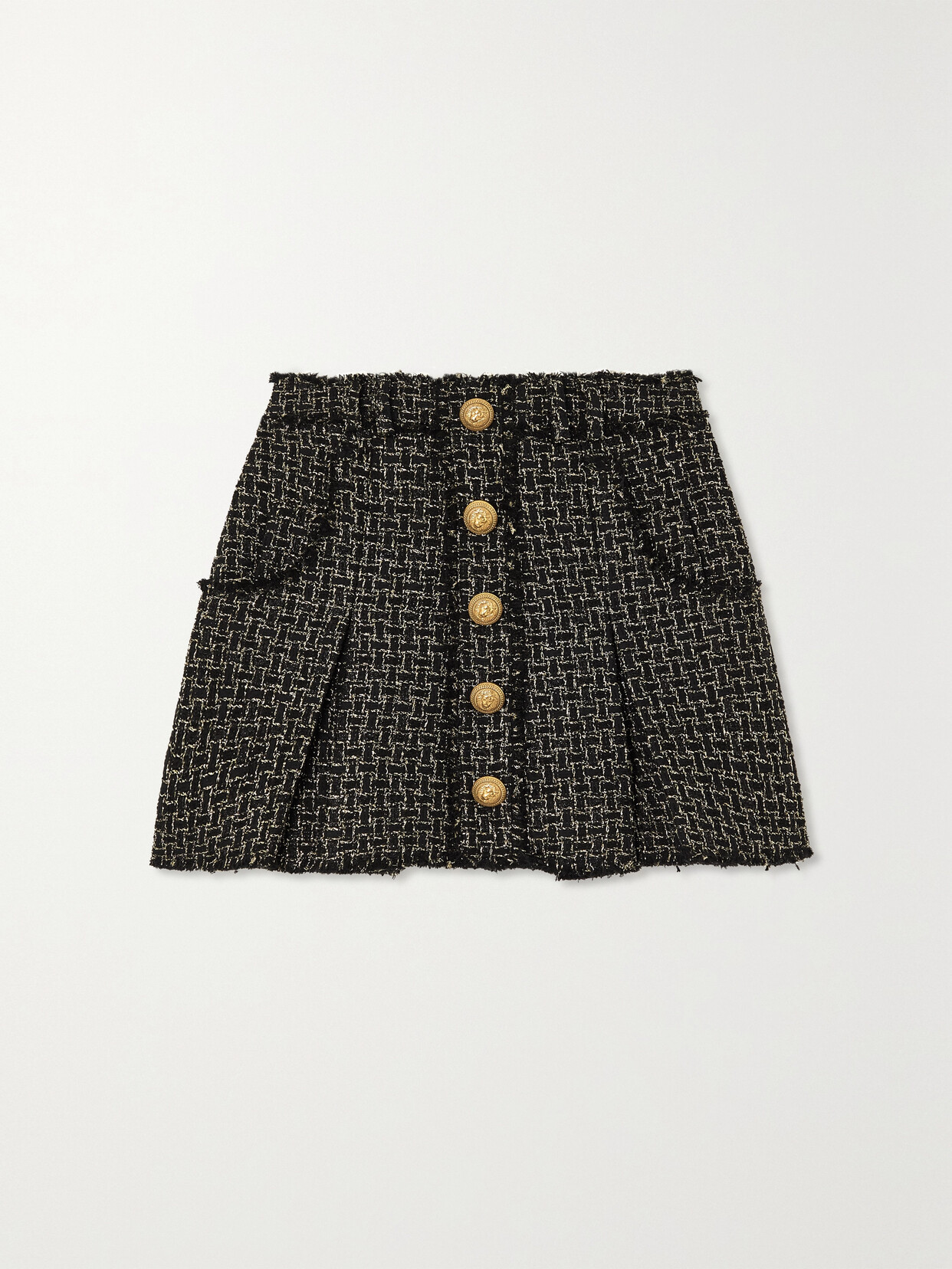 BALMAIN BUTTON-EMBELLISHED PLEATED METALLIC TWEED MINI SKIRT