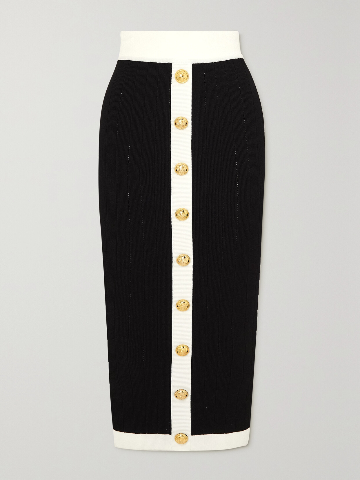 Balmain - Button-embellished Ribbed-knit Midi Skirt - Black