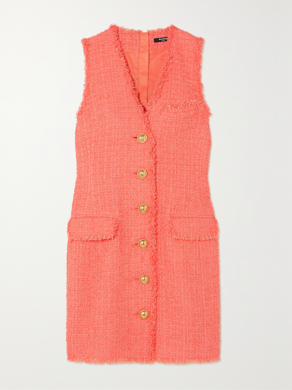 Balmain - Button-embellished Tweed Mini Dress - Orange