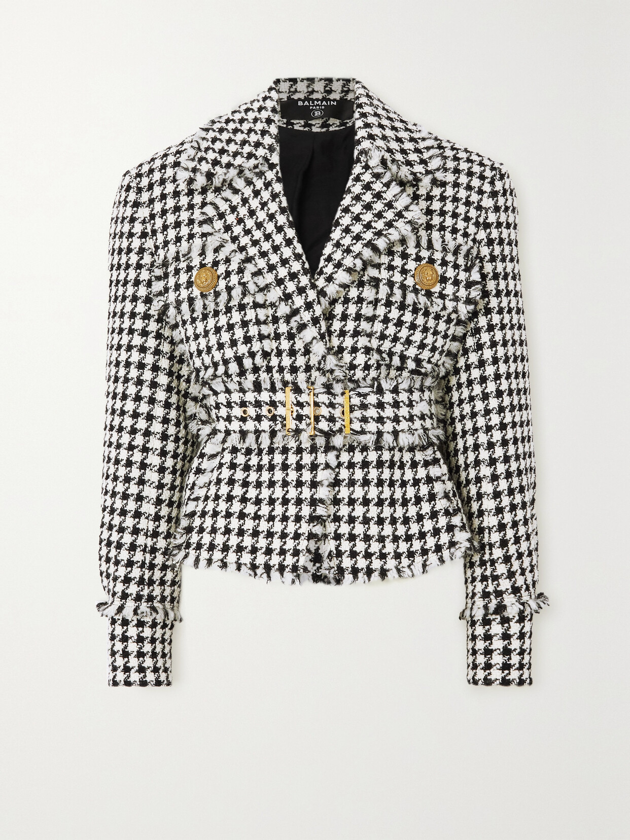 Balmain - Button-embellished Belted Houndstooth Wool-blend Tweed Jacket - White