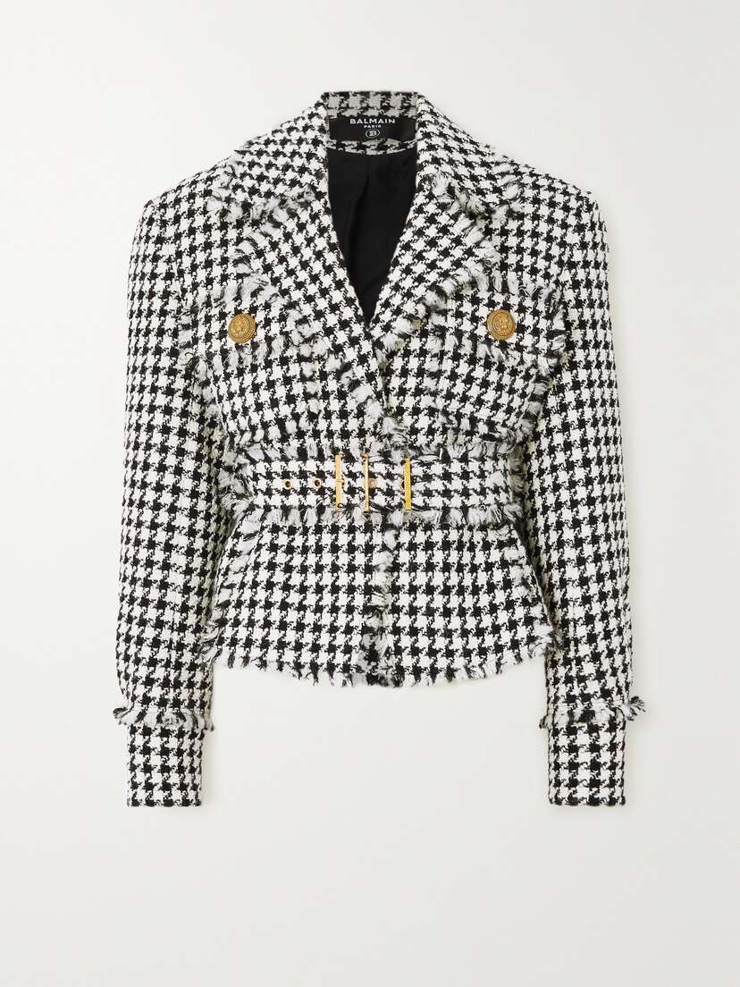 Balmain Button-embellished Belted Houndstooth Wool-blend Tweed Jacket