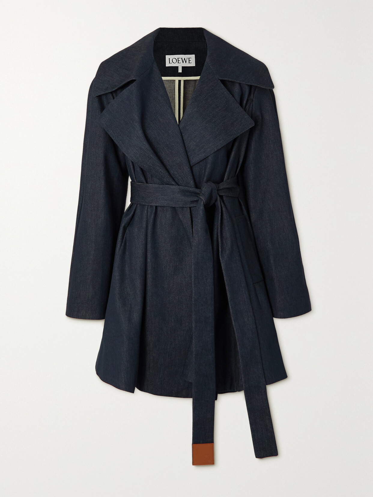 Shop Loewe Trapeze Belted Leather-trimmed Denim Trench Coat In Blue