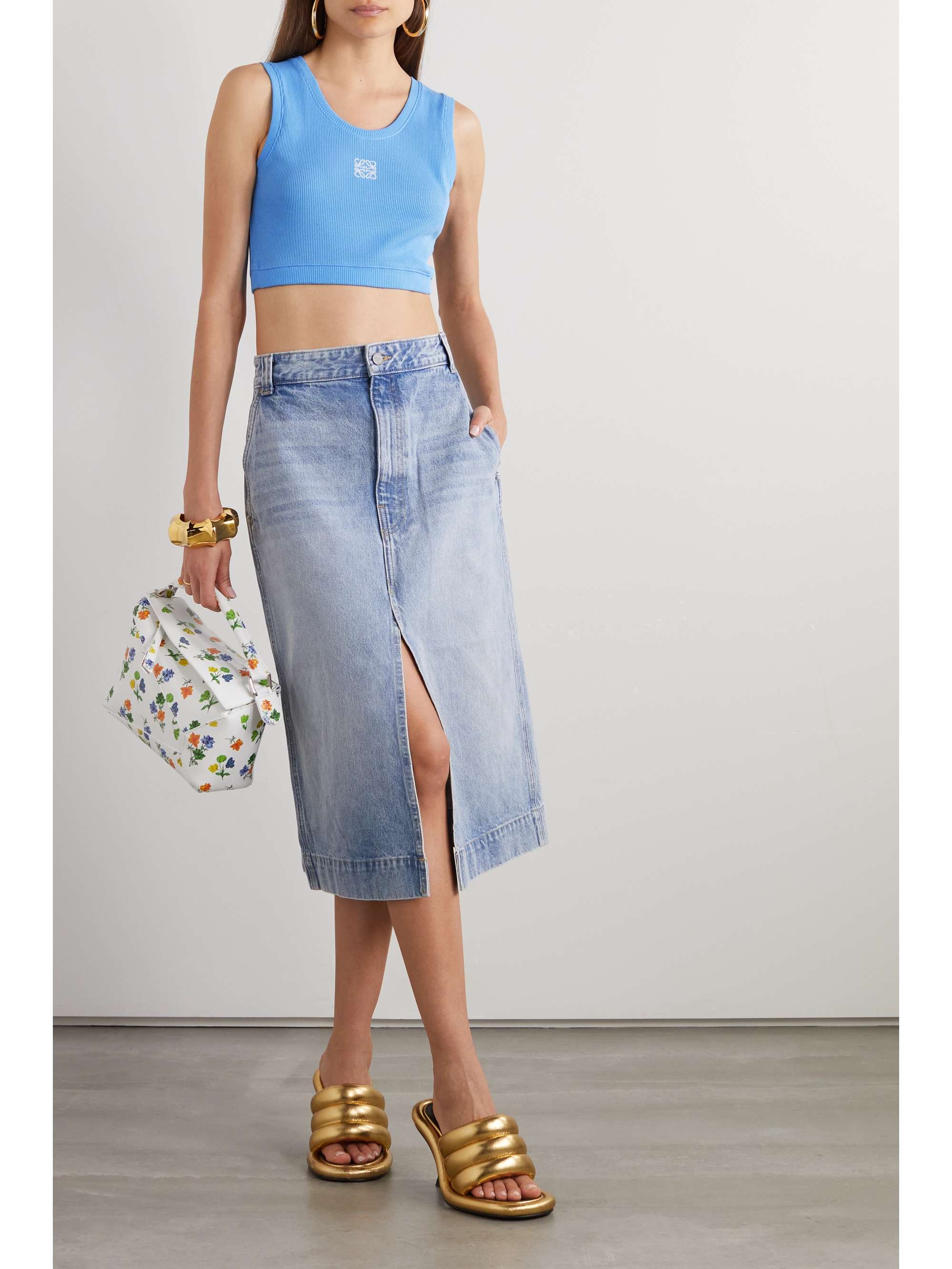 LOEWE Anagram poplin-paneled embroidered ribbed stretch-cotton jersey tank