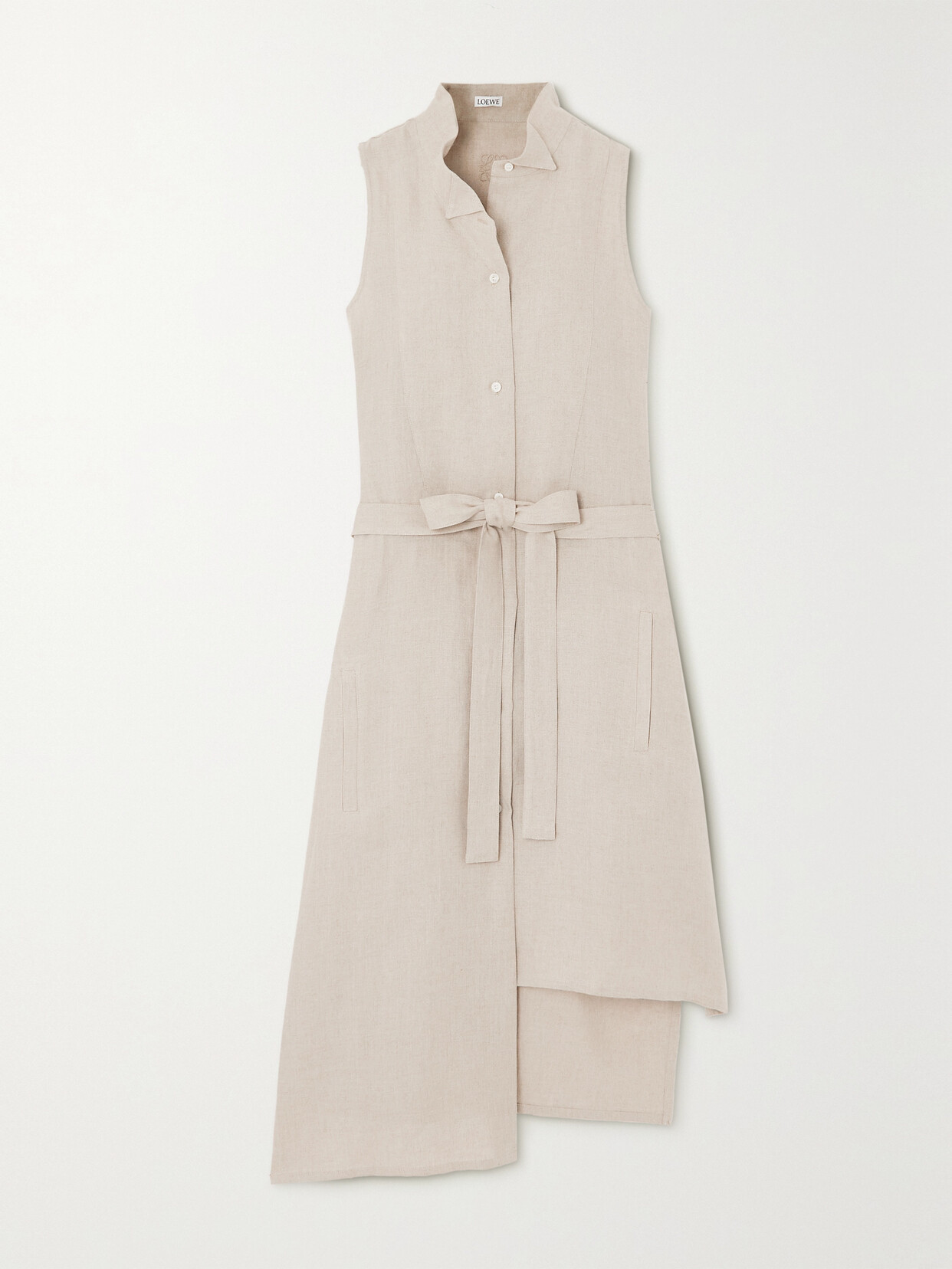 Loewe Asymmetric Embroidered Belted Linen Midi Dress In Neutrals