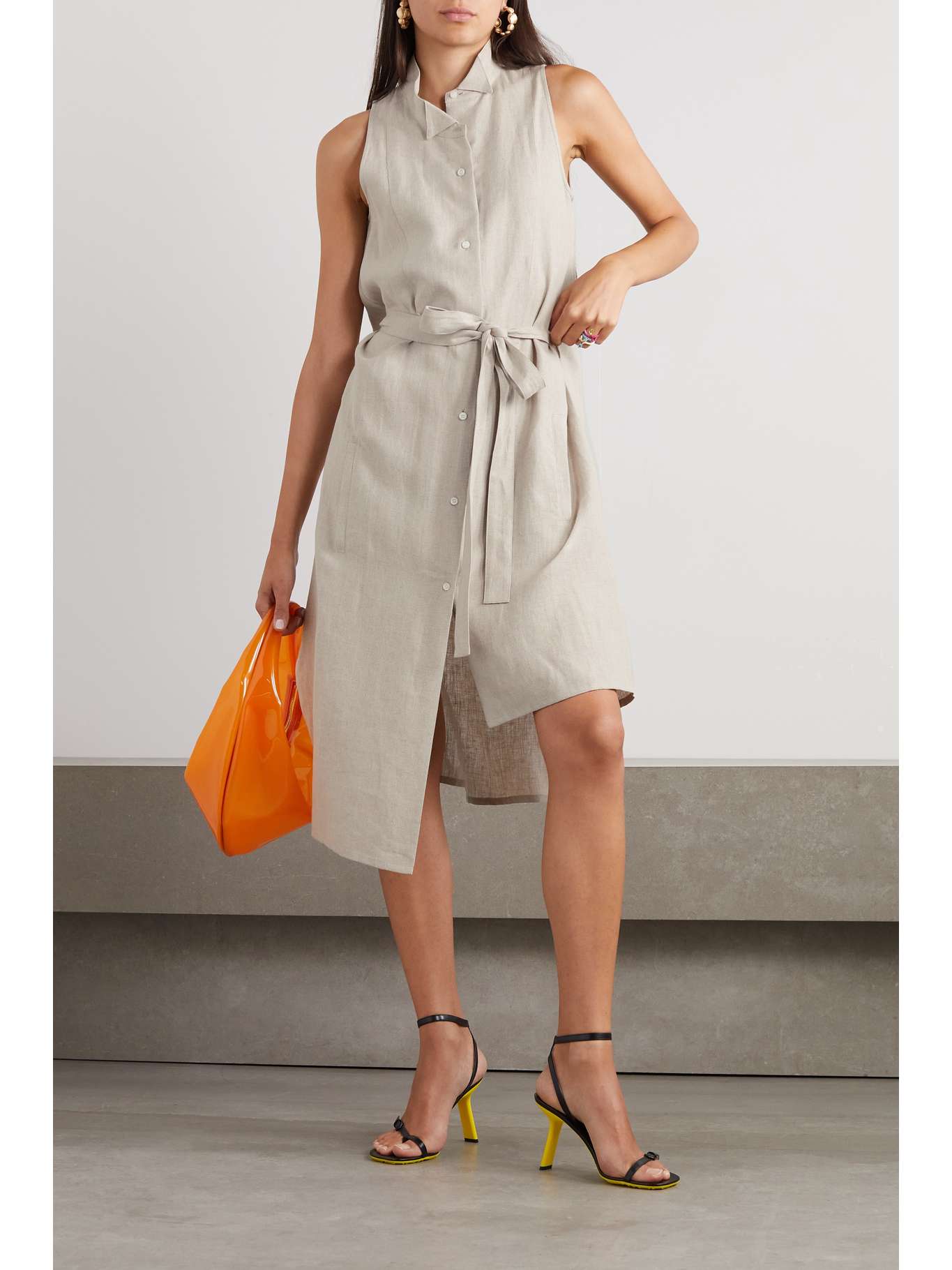 LOEWE Asymmetric embroidered belted linen midi dress NETAPORTER