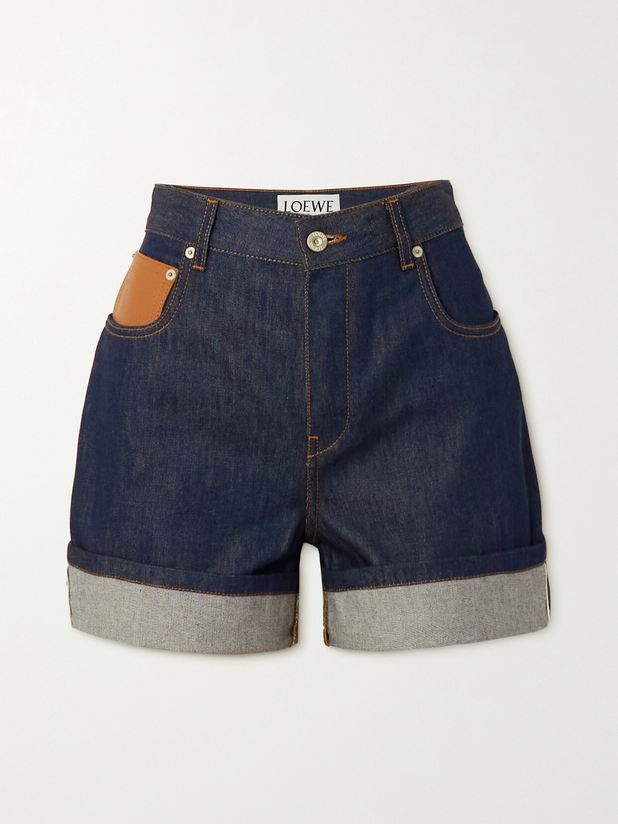 Loewe - Leather-trimmed Denim Shorts - Blue