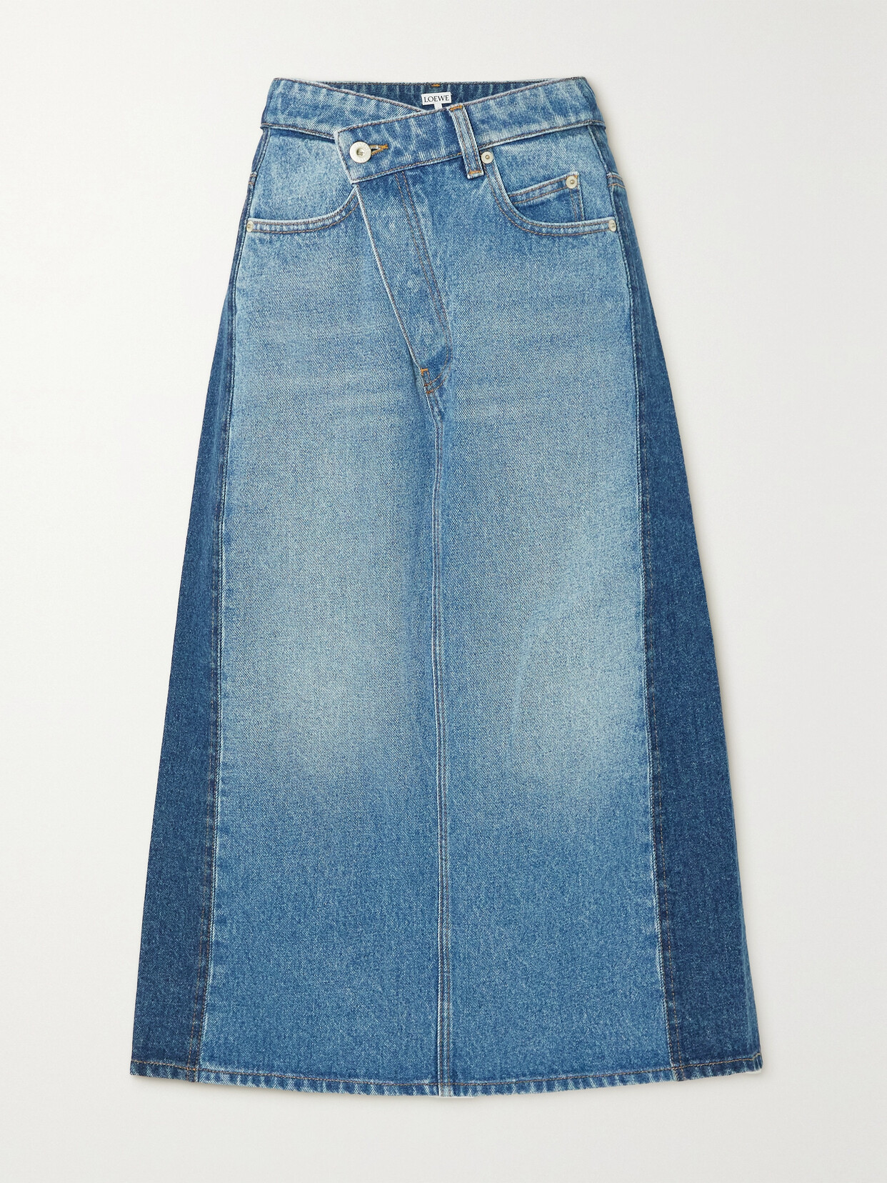 Loewe Deconstructed Two-tone Denim Midi Skirt In Denim Blue