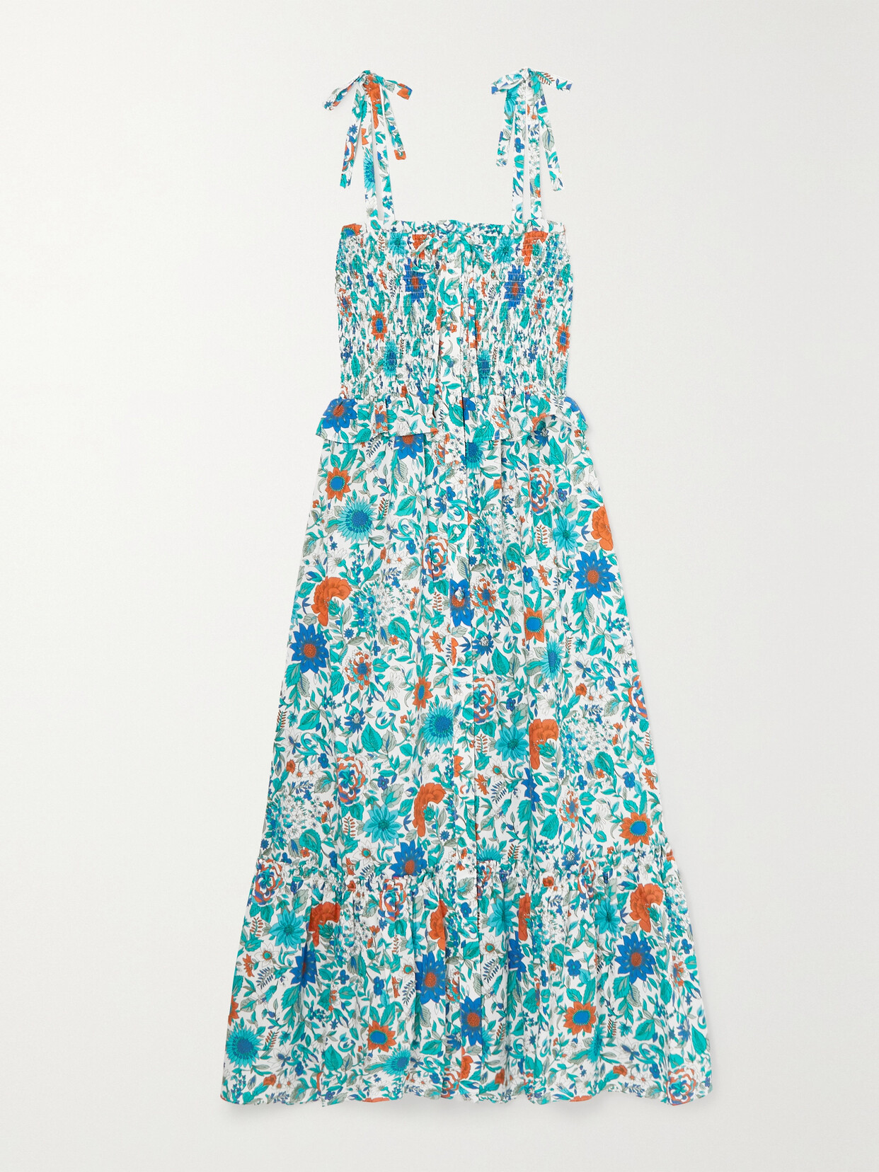 Loretta Caponi + Net Sustain Alberica Shirred Floral-print Cotton-poplin Dress - Blue