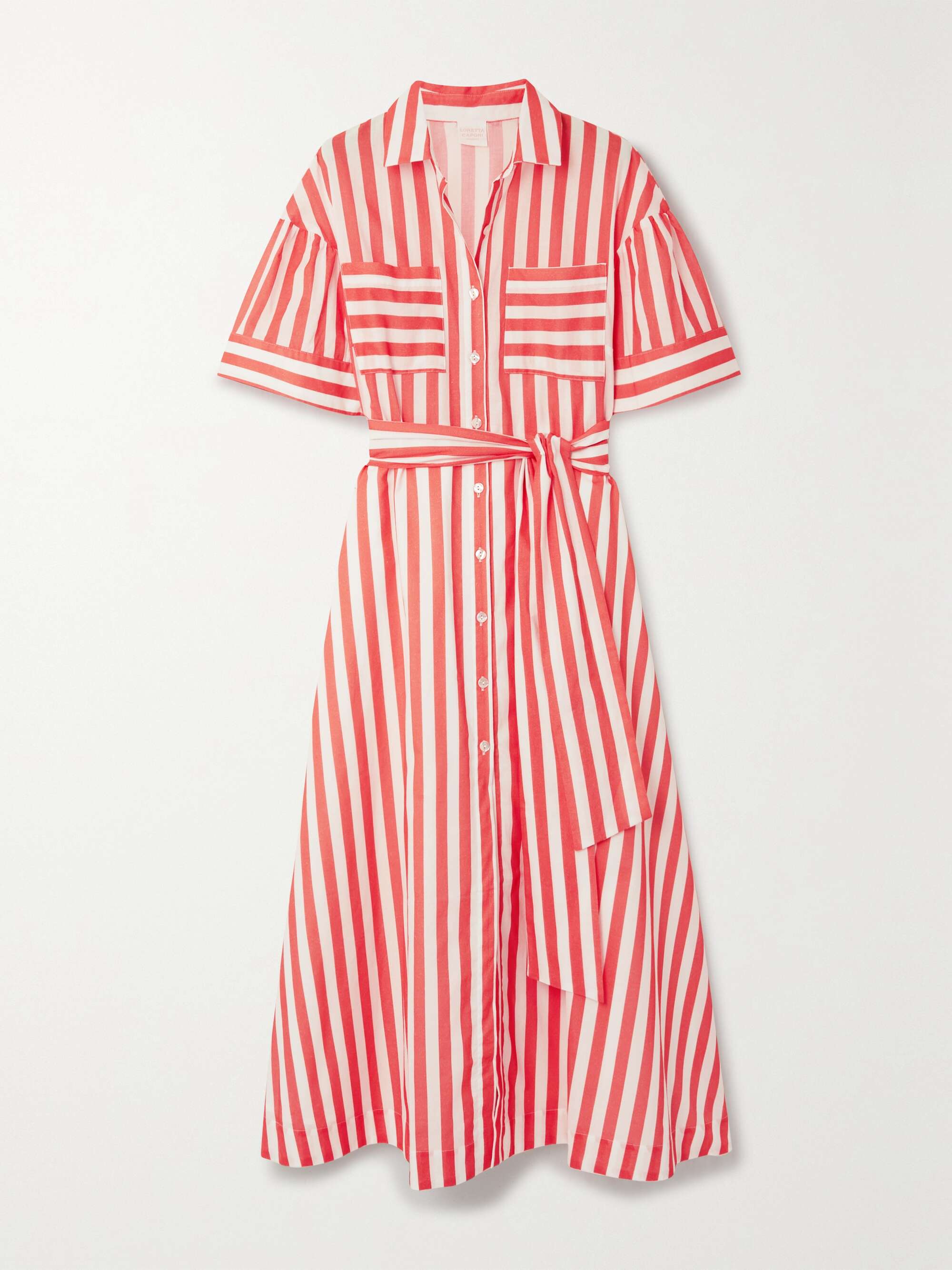 LORETTA CAPONI + NET SUSTAIN Sofia belted striped cotton-poplin midi ...