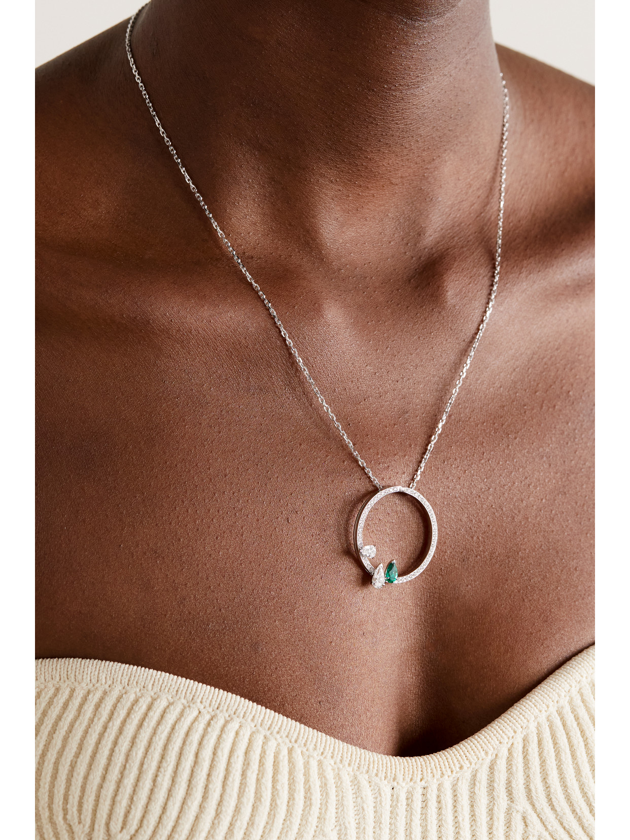 Shop Repossi Serti Sur Vide 18-karat White Gold, Emerald And Diamond Necklace