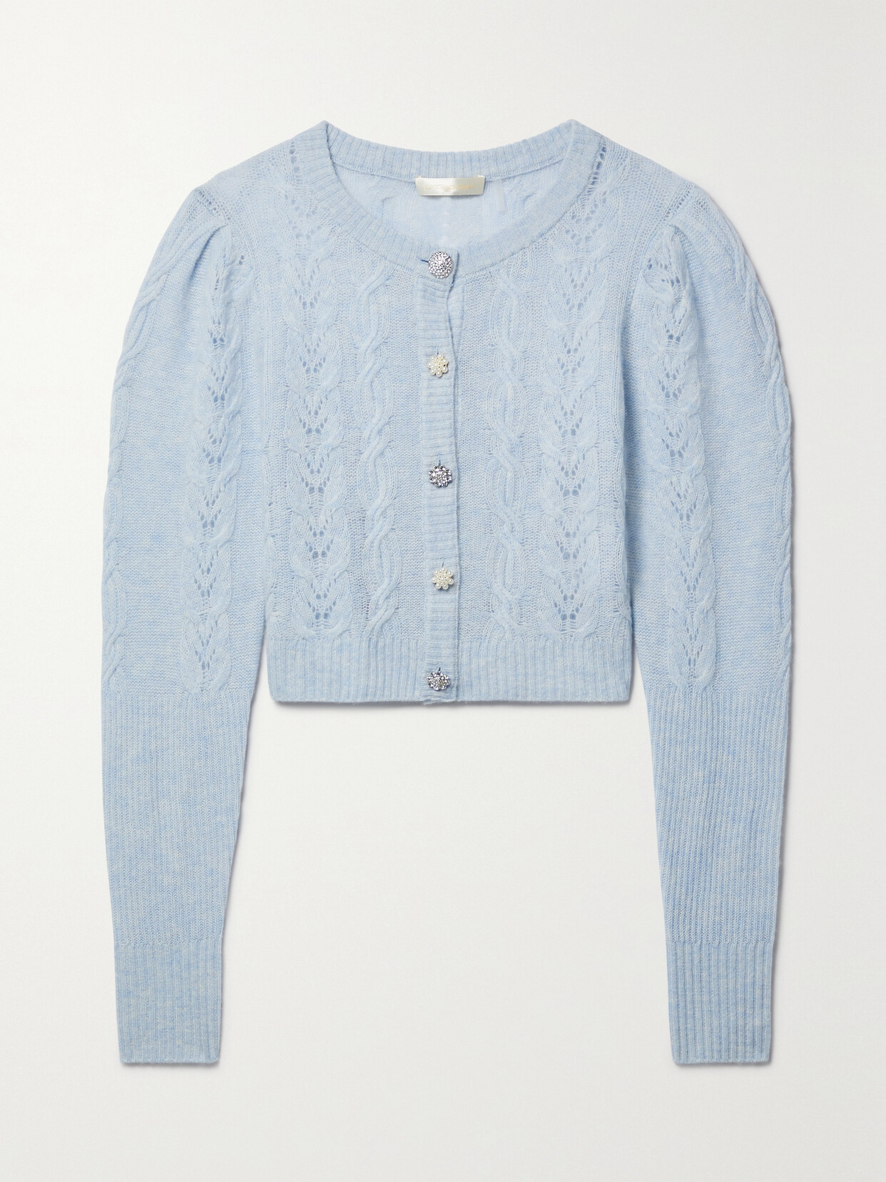 LoveShackFancy - Birch Cropped Pointelle- And Cable-knit Wool And Cashmere-blend Cardigan - Blue