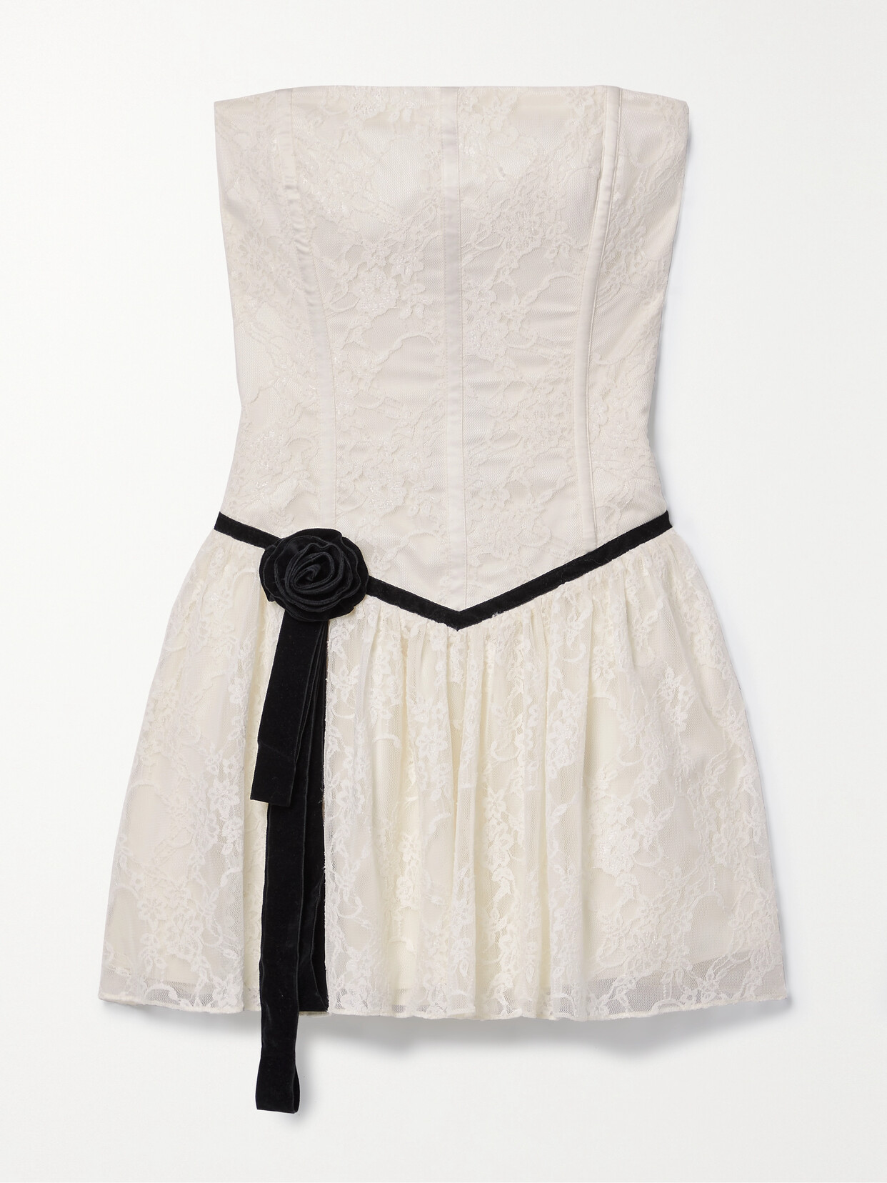 LoveShackFancy Buster Strapless Velvet-trimmed Lace Mini Dress