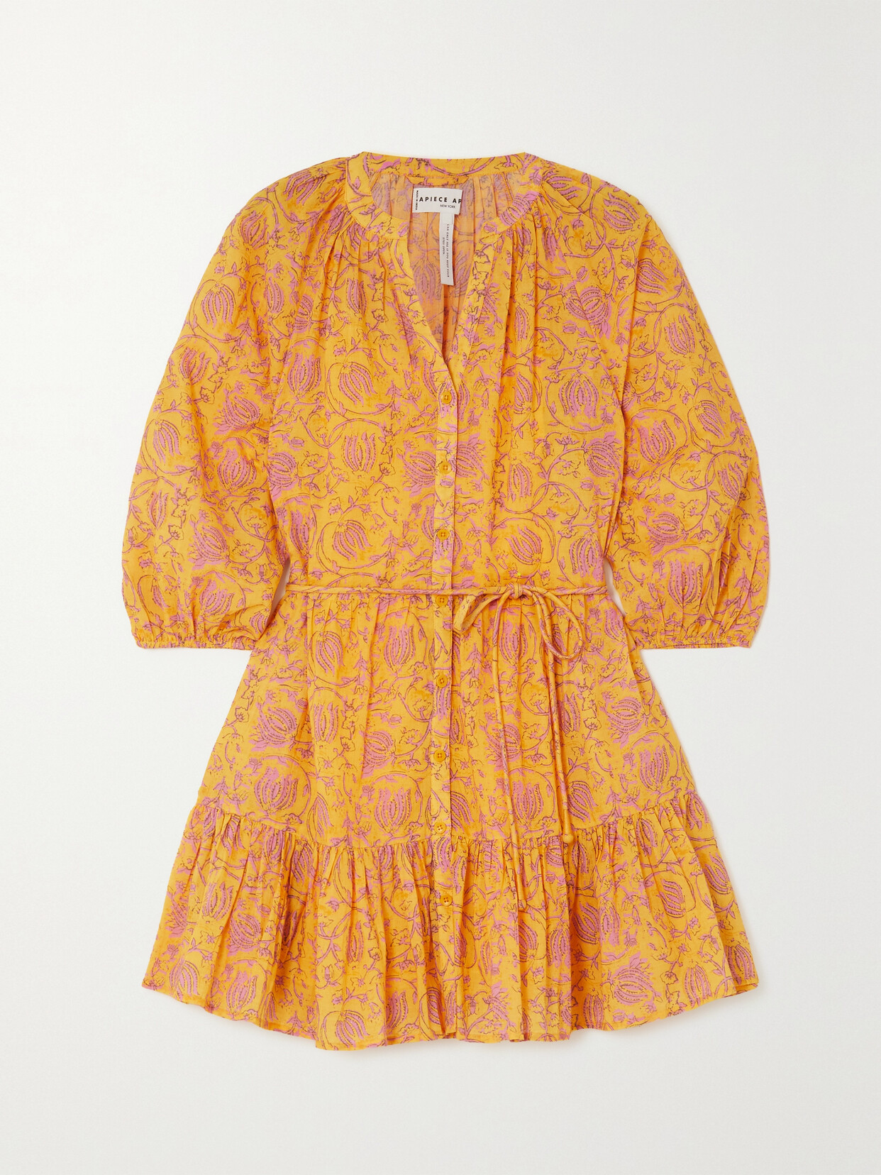 APIECE APART + Net Sustain Mini Mitte Belted Floral-print Organic Cotton Mini Dress - Yellow