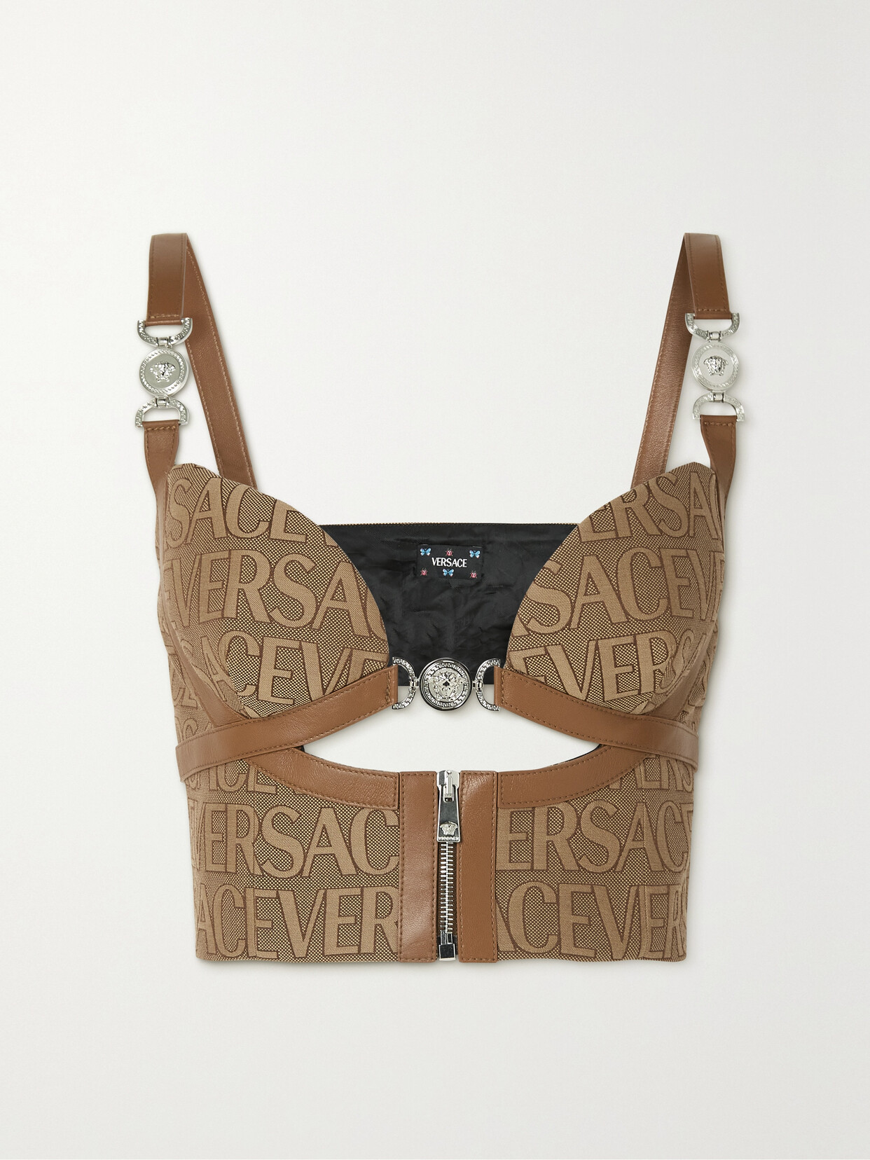 Versace Cutout Leather-trimmed Canvas-jacquard Bralette