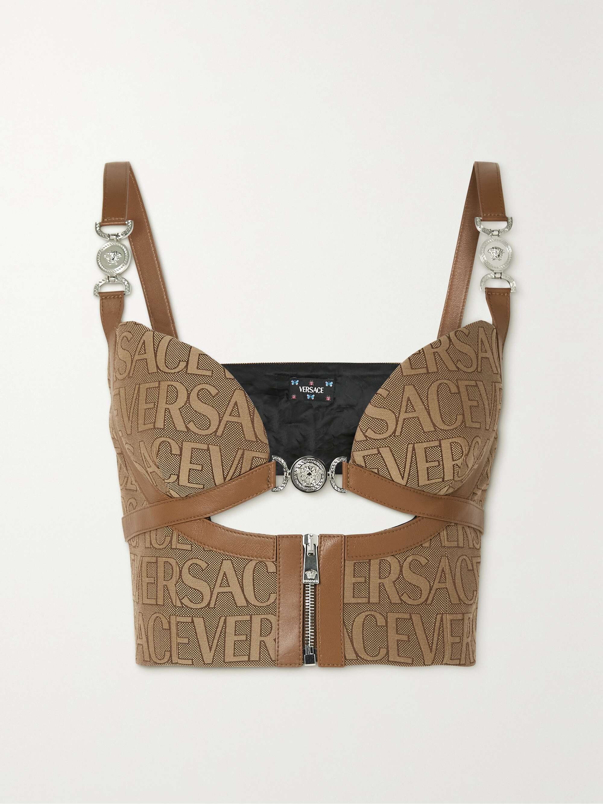 VERSACE Cutout leather-trimmed canvas-jacquard bralette