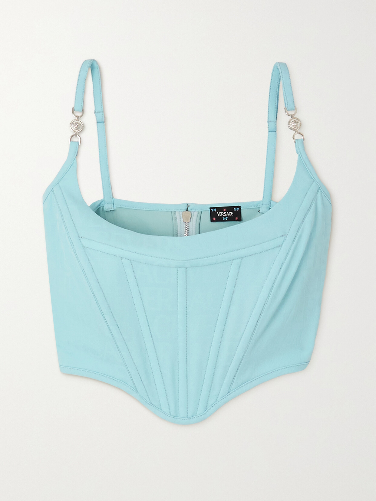 Versace Cropped Embellished Twill-jacquard Bustier Top In Blue