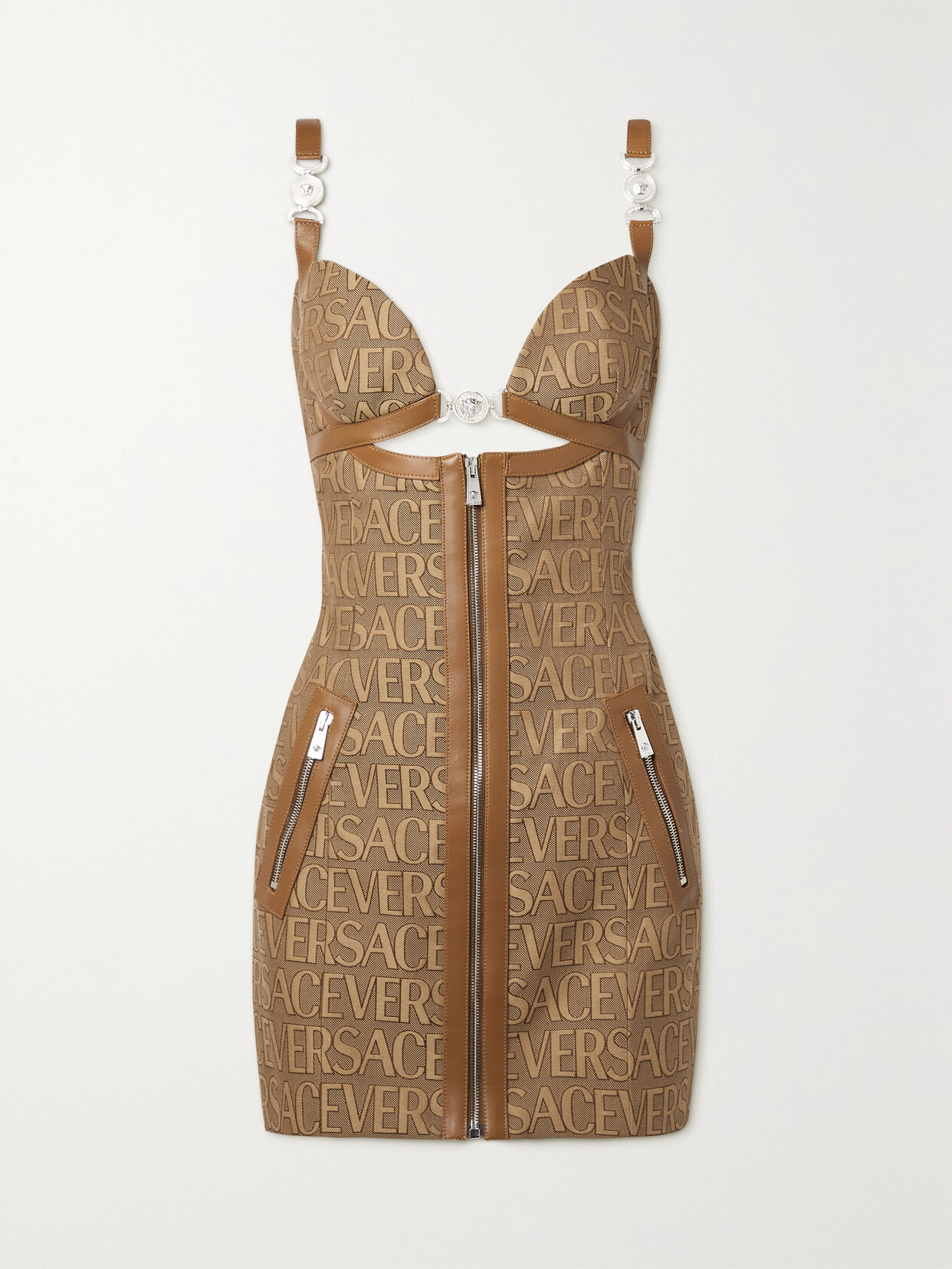 Versace Embellished Leather-trimmed Cutout Canvas-jacquard Mini Dress In Brown
