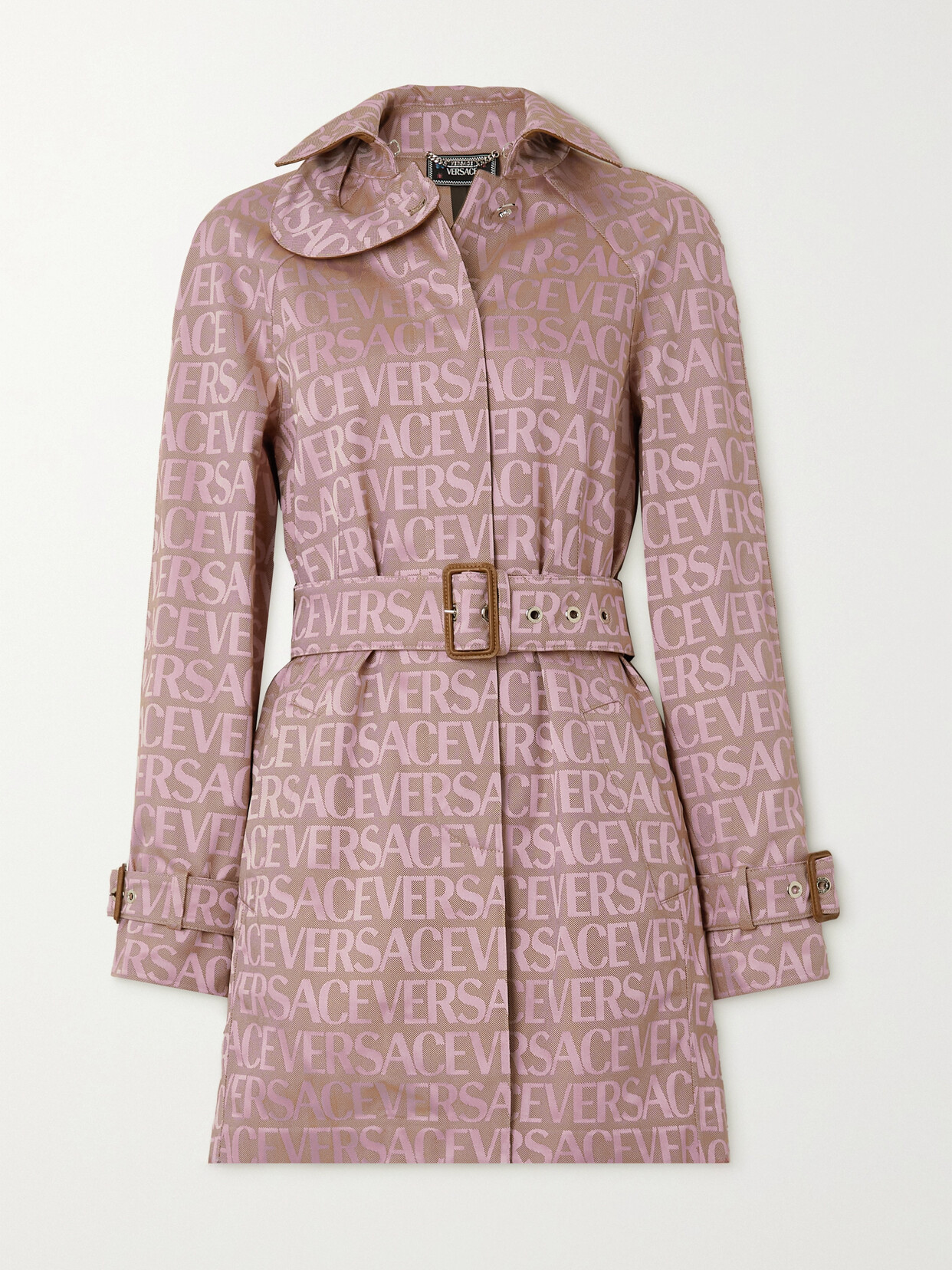 Versace - Belted Leather-trimmed Canvas-jacquard Trench Coat - Pink