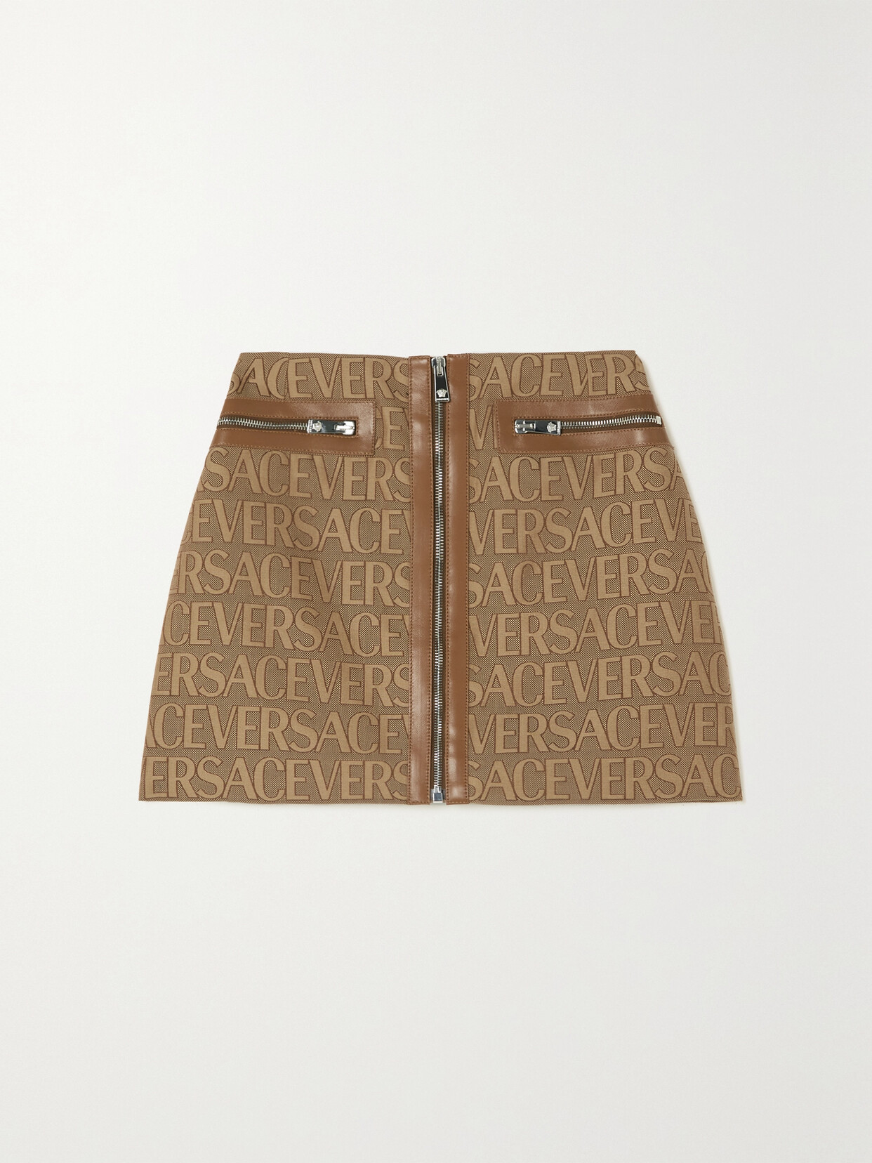 Versace - Leather-trimmed Canvas-jacquard Mini Skirt - Brown