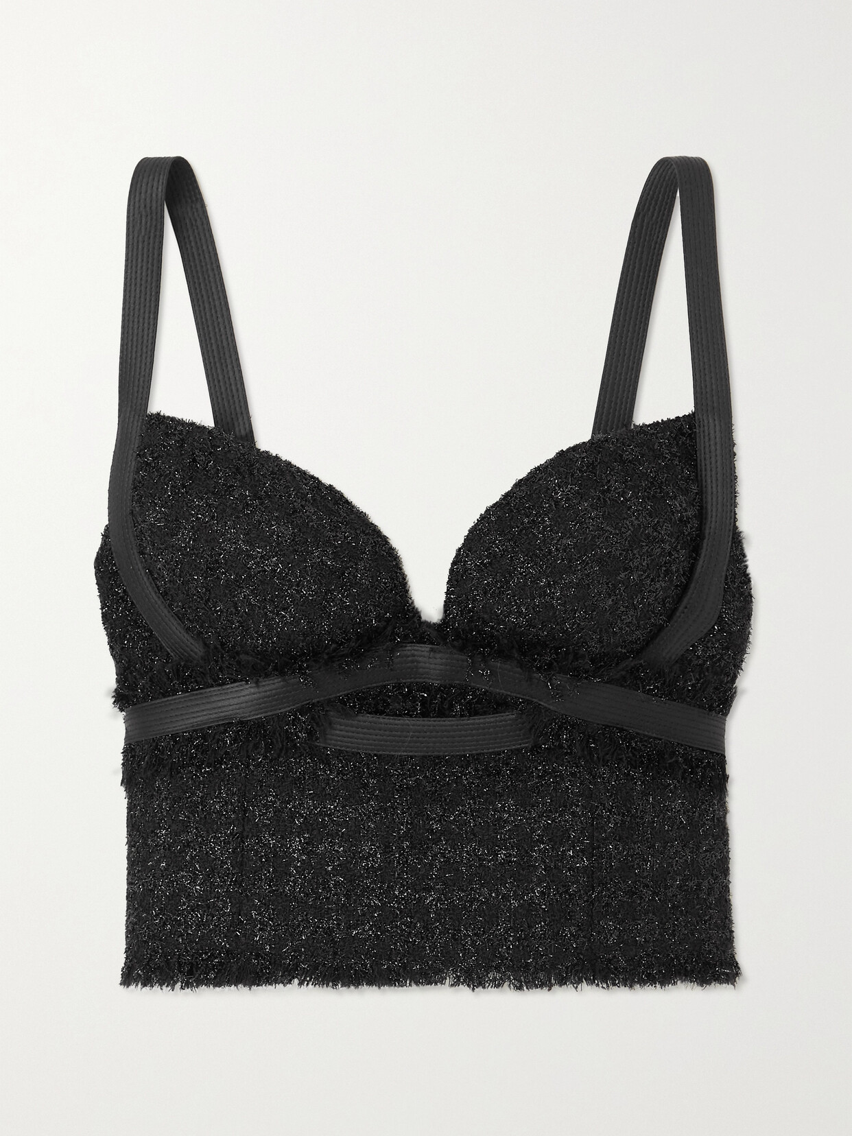 Shop Versace Vichy Cropped Metallic Wool-blend Tweed Corset Top In Black