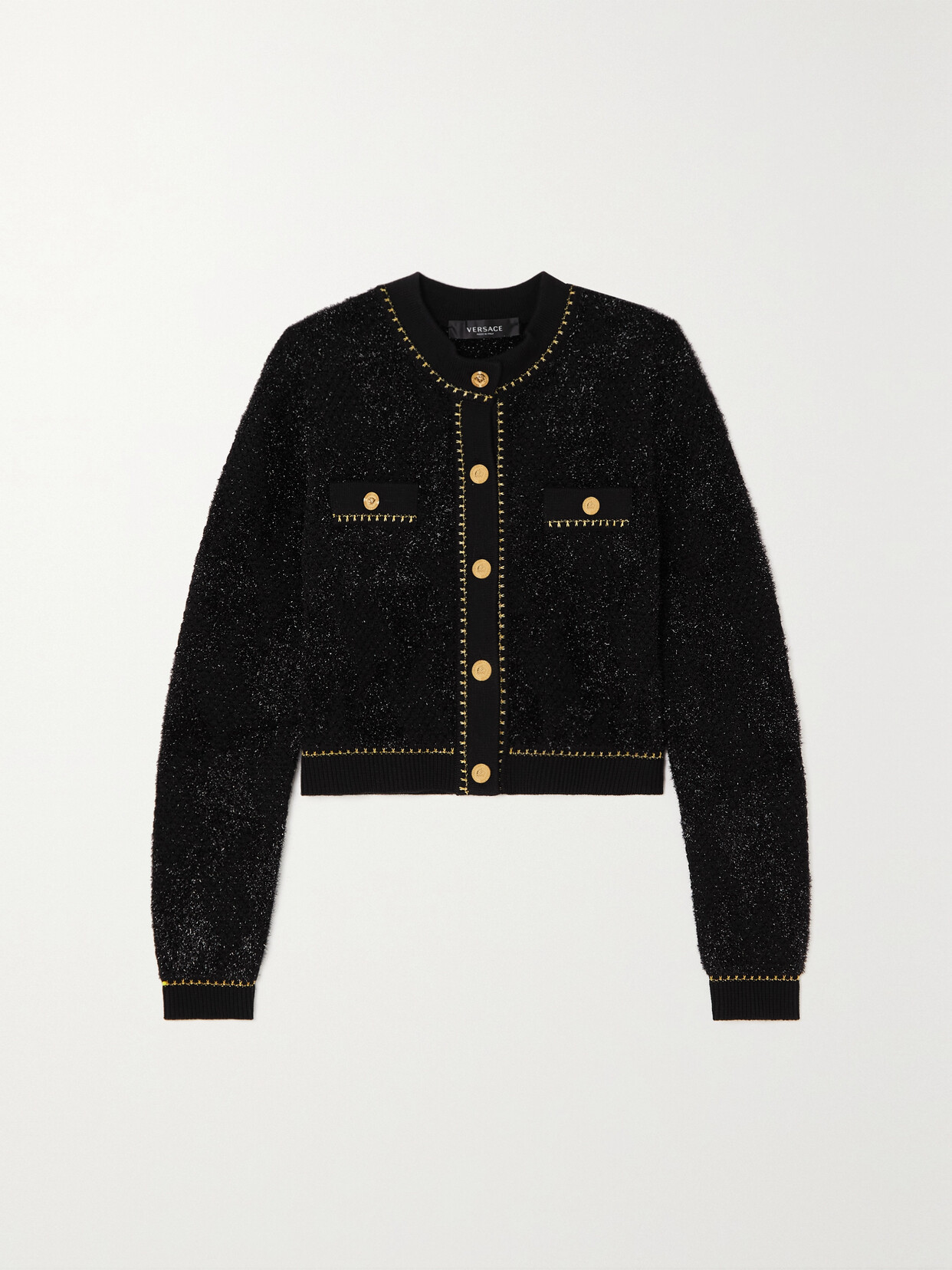 Shop Versace Metallic Wool-blend Bouclé Cardigan In Black