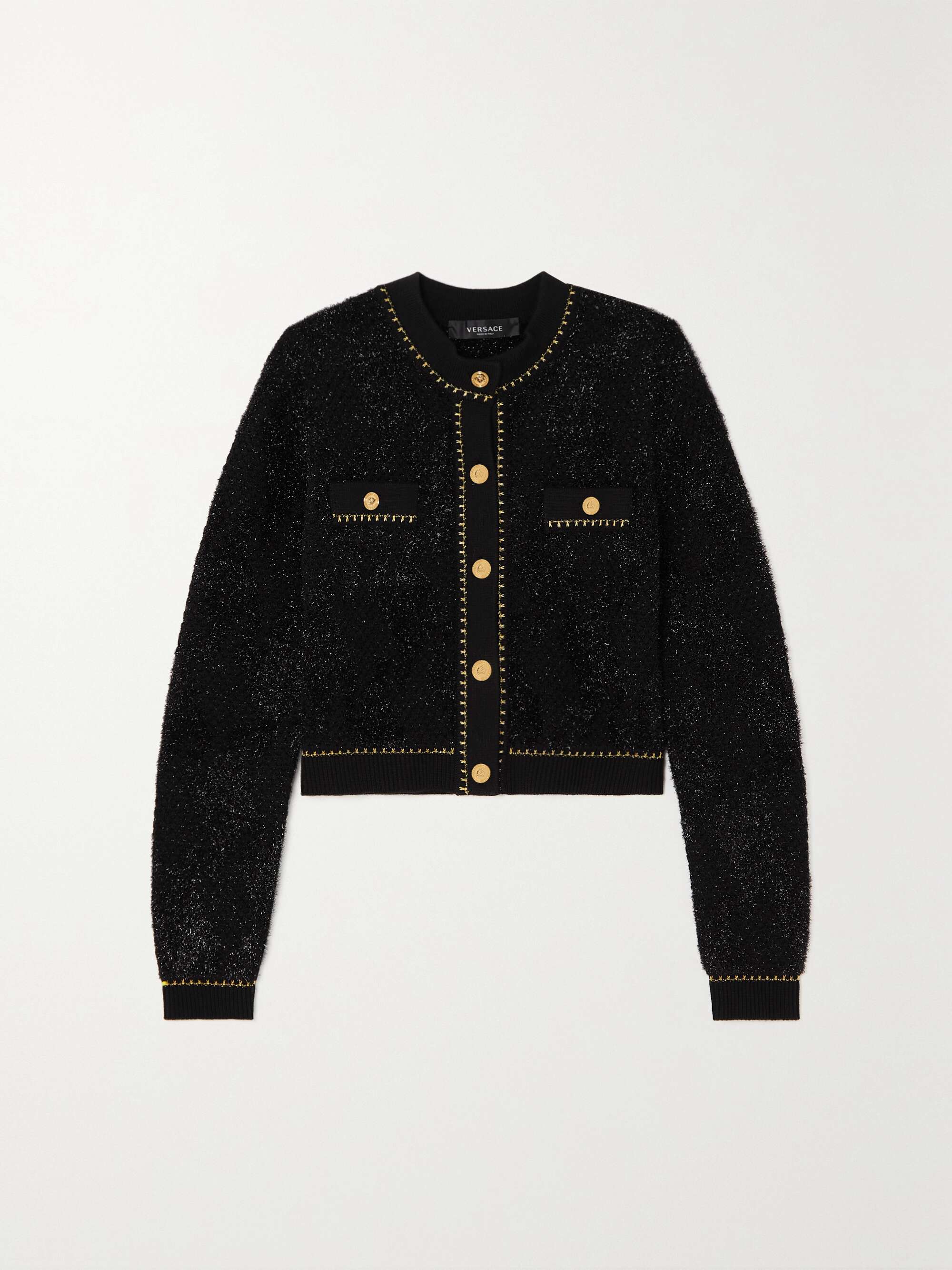 VERSACE Metallic wool-blend bouclé cardigan | NET-A-PORTER