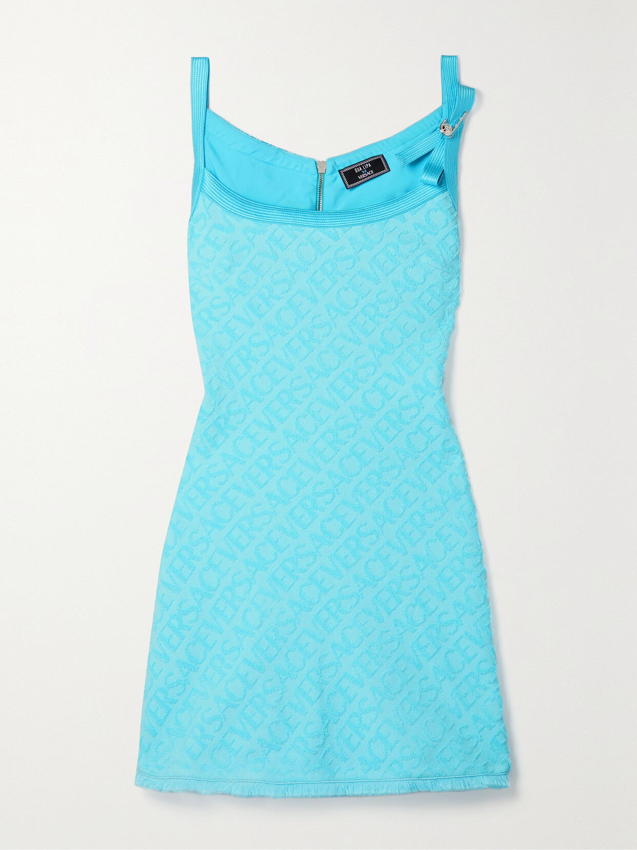Versace Jacquard Sponge Mini Dress With Embossed Logo In Celeste