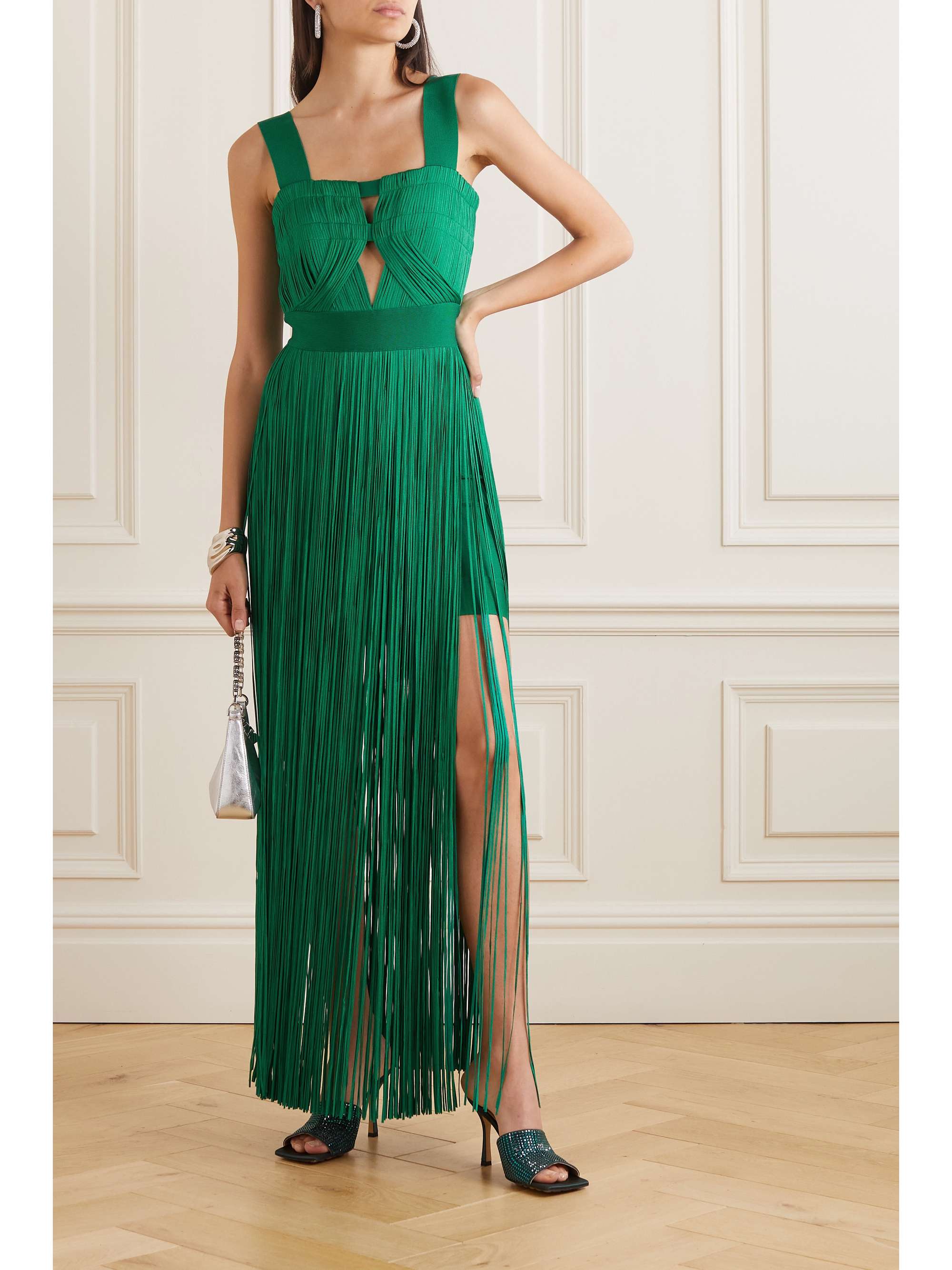 Fringed recycled-bandage gown