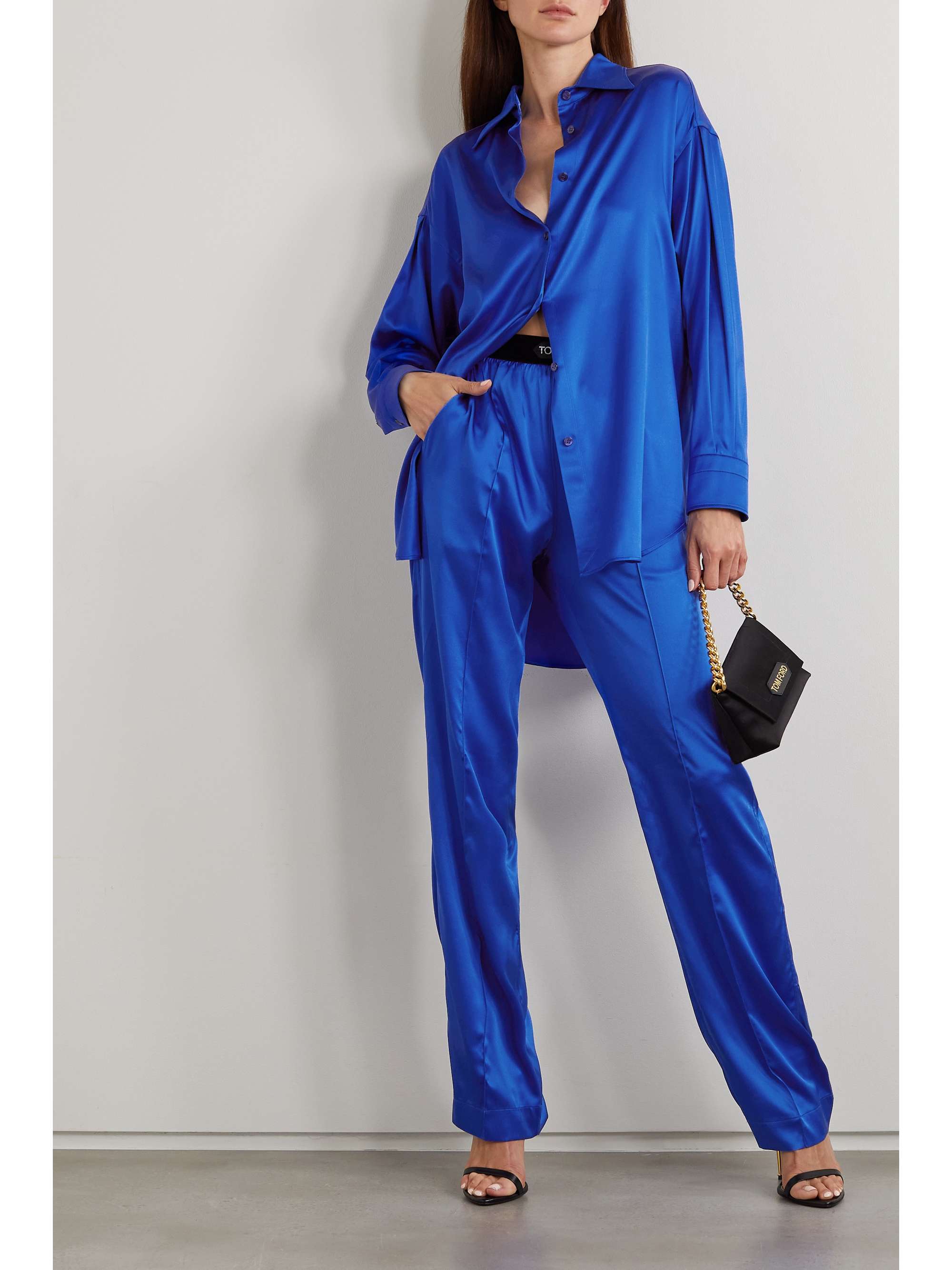 TOM FORD Velvet-trimmed stretch-silk satin pants